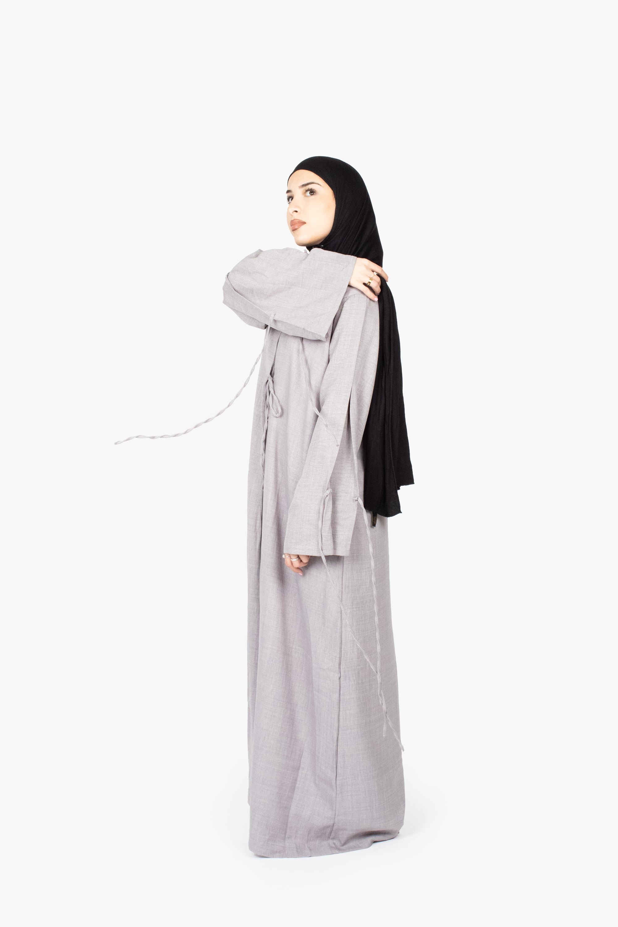 Grey Mélange Ribbon Kimono Abaya