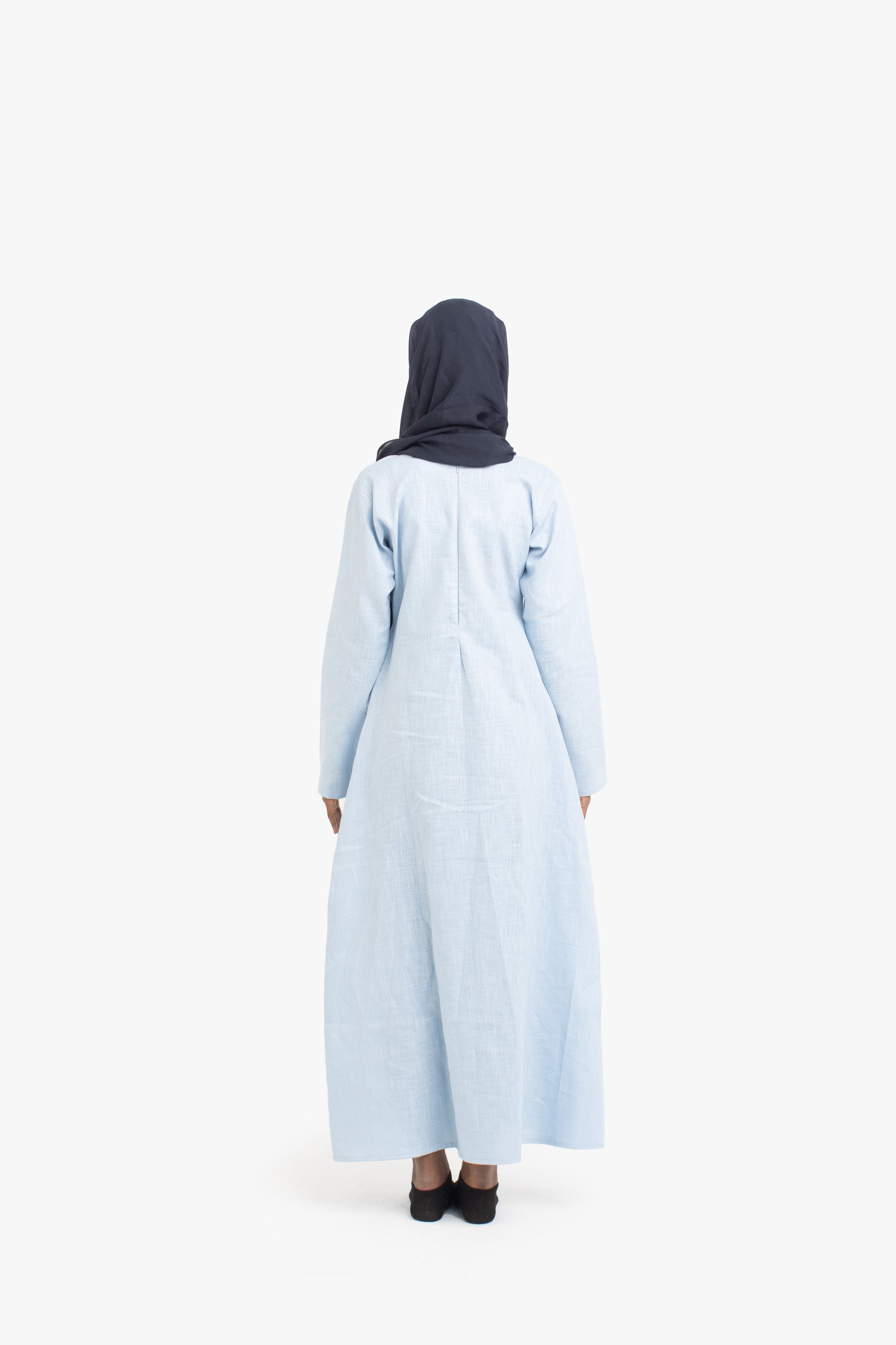 Pale Blue Double Pleat Linen Cotton Dress
