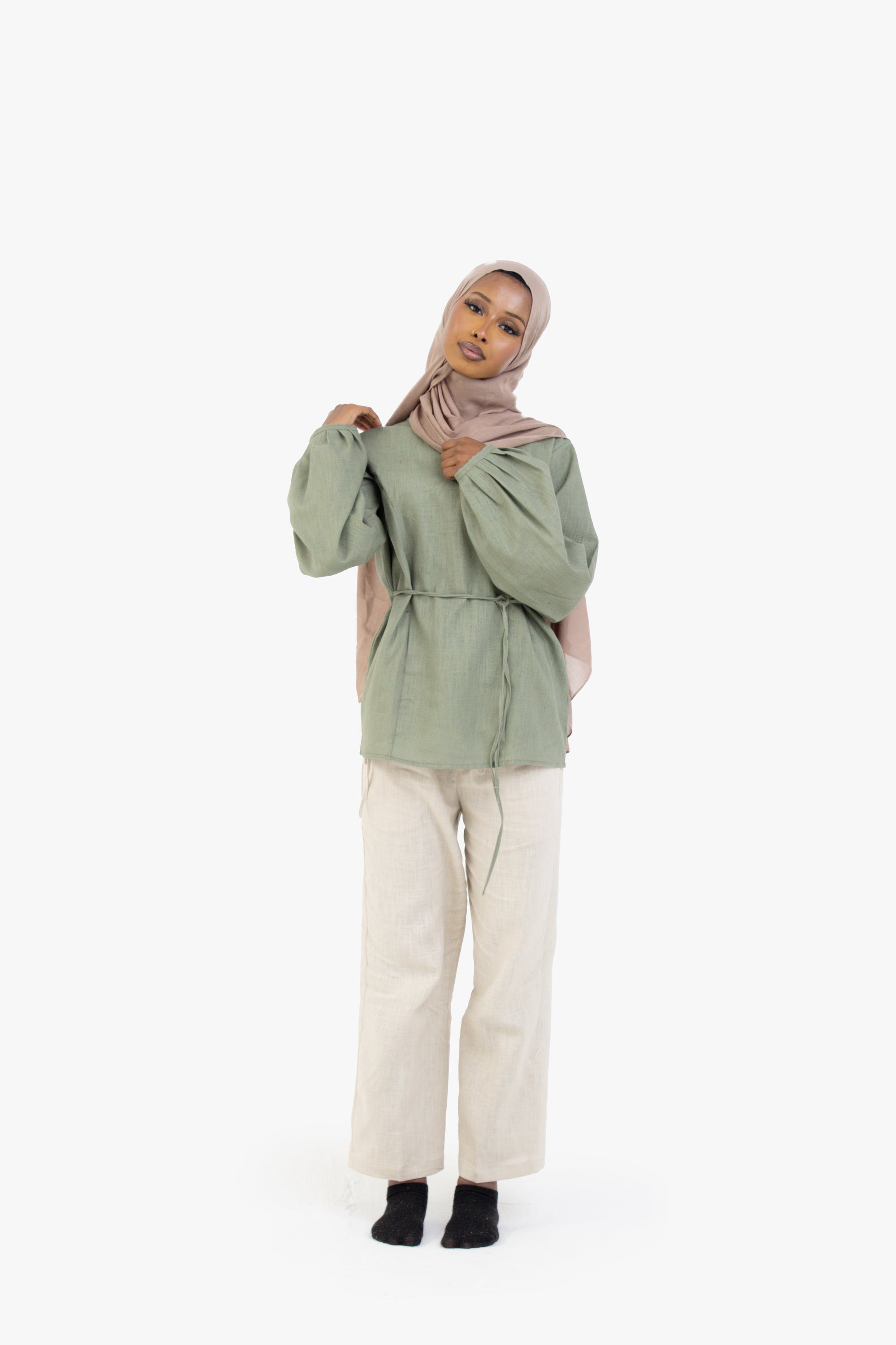 Beige Ribbon Linen Cotton Trousers