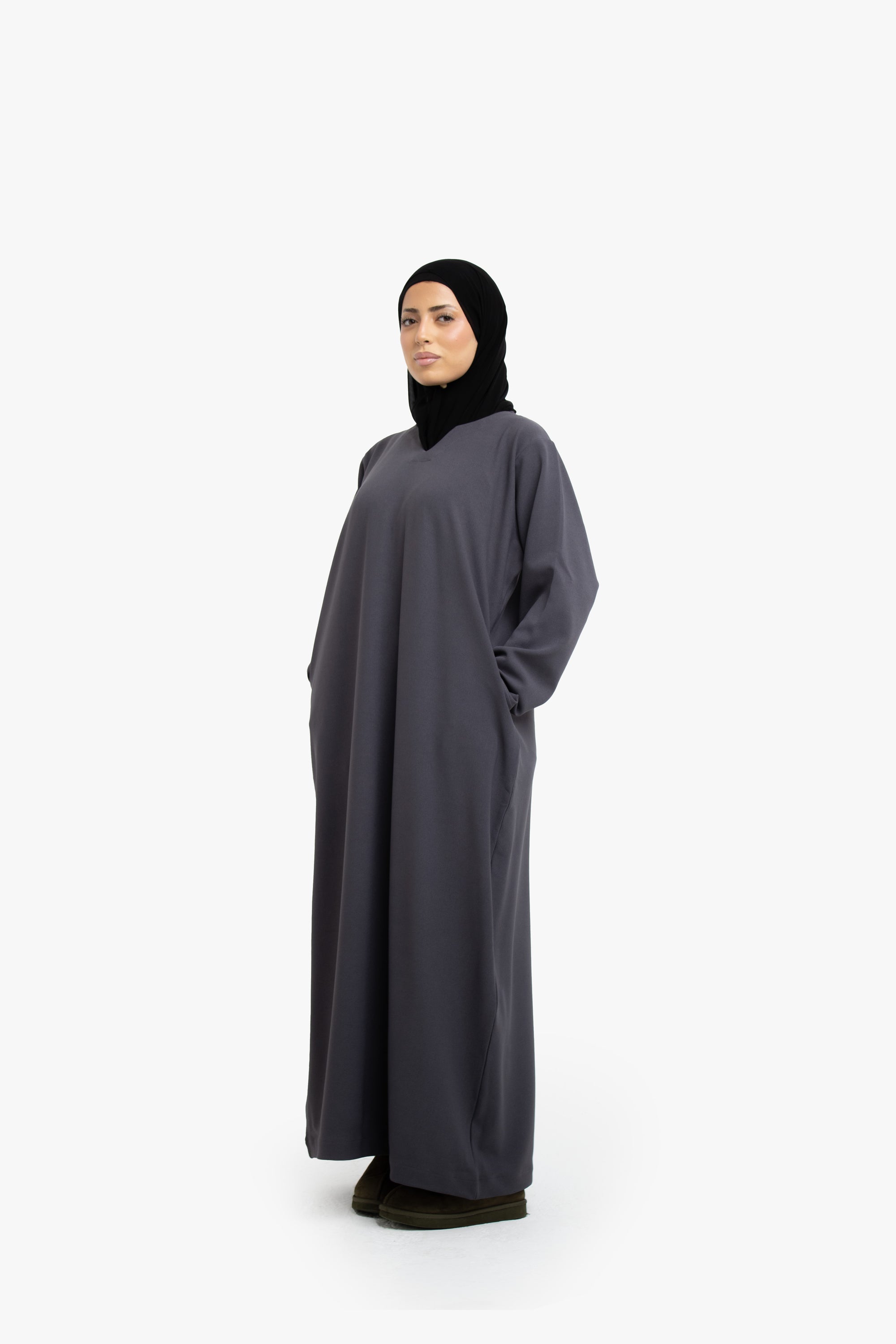 Grey V-Neck Abaya