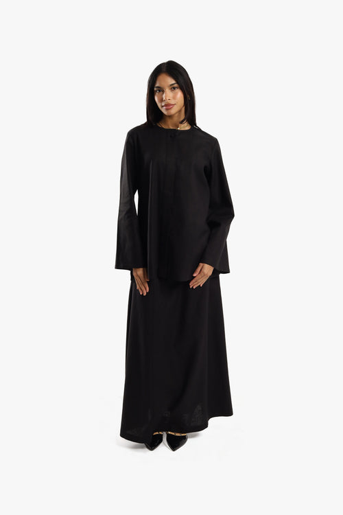 Black Linen Cotton Covered Button Top