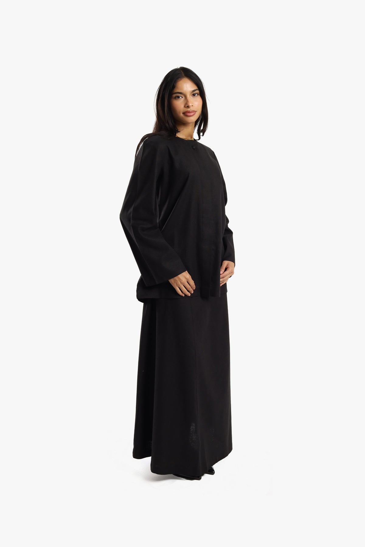 Black Linen Cotton Covered Button Top