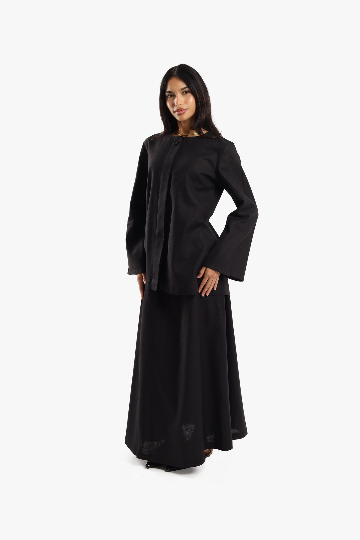 Black Linen Cotton Covered Button Top