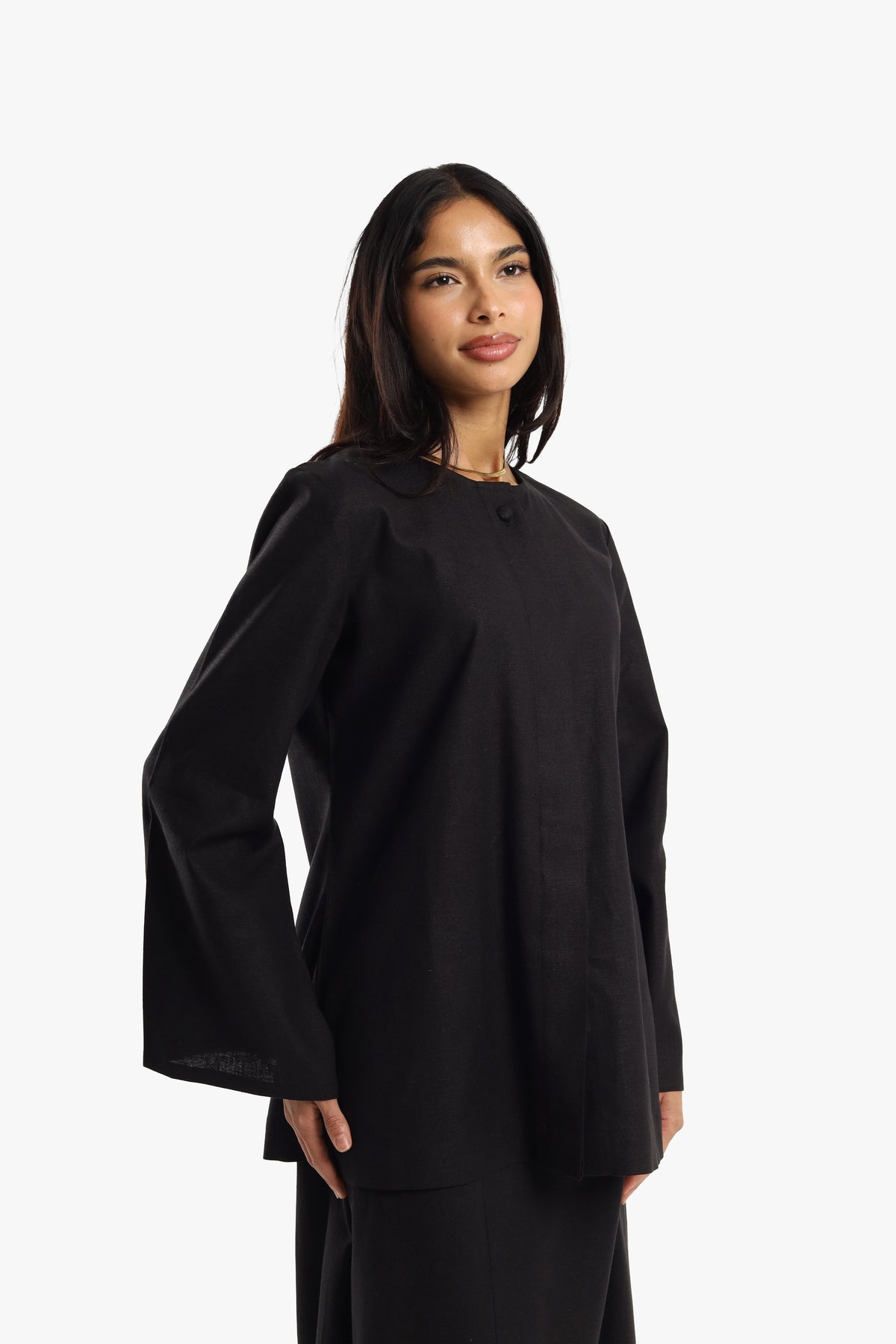 Black Linen Cotton Covered Button Top