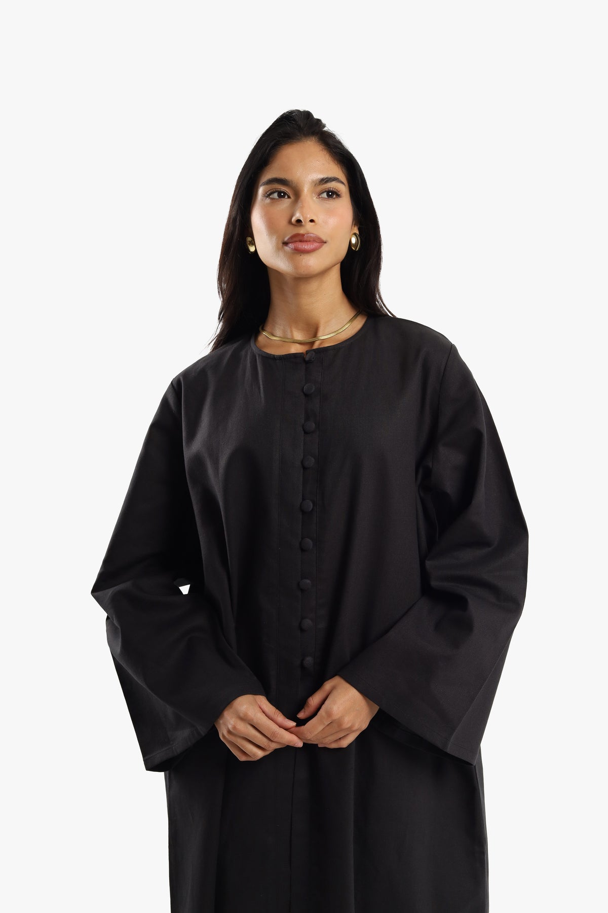Black Linen Cotton Covered Button Open Abaya
