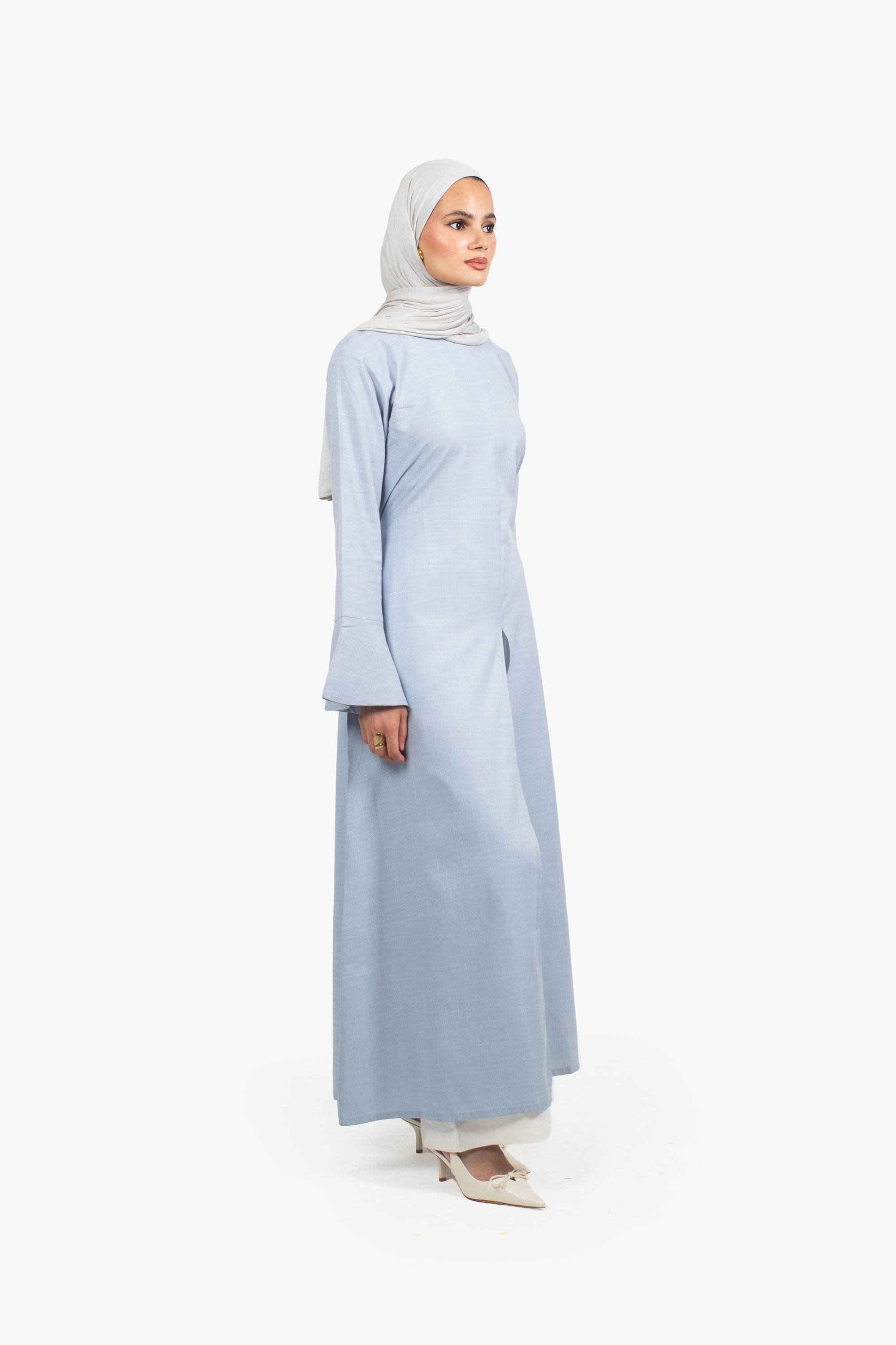 Pale Blue Cotton Blend Front Slit Dress
