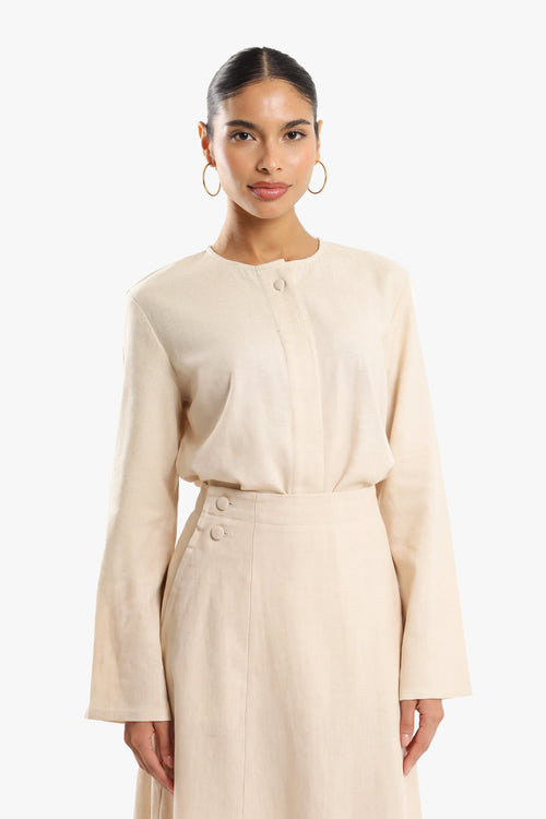 Cream White Linen Cotton Covered Button Skirt