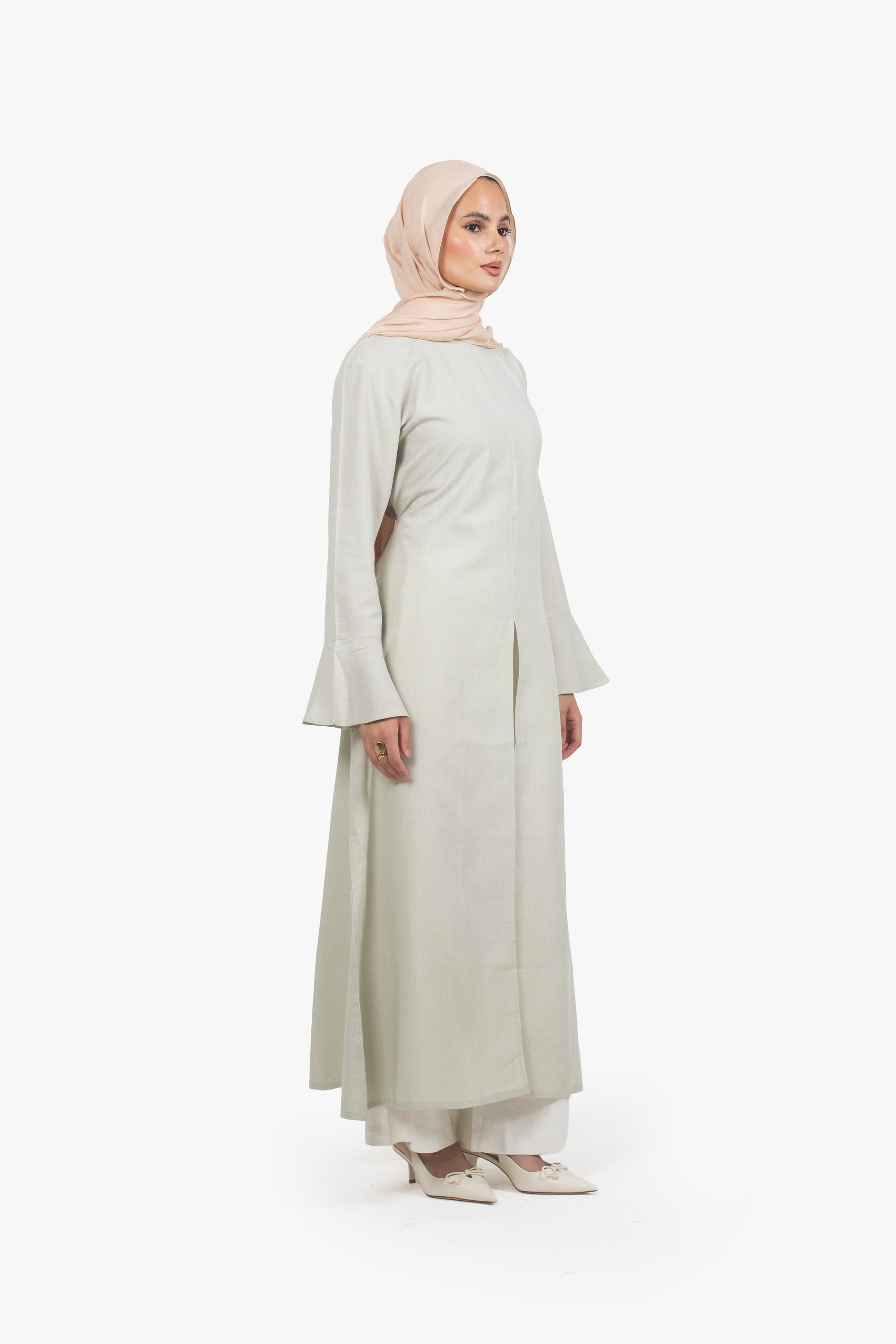 Sage Green Cotton Blend Front Slit Dress