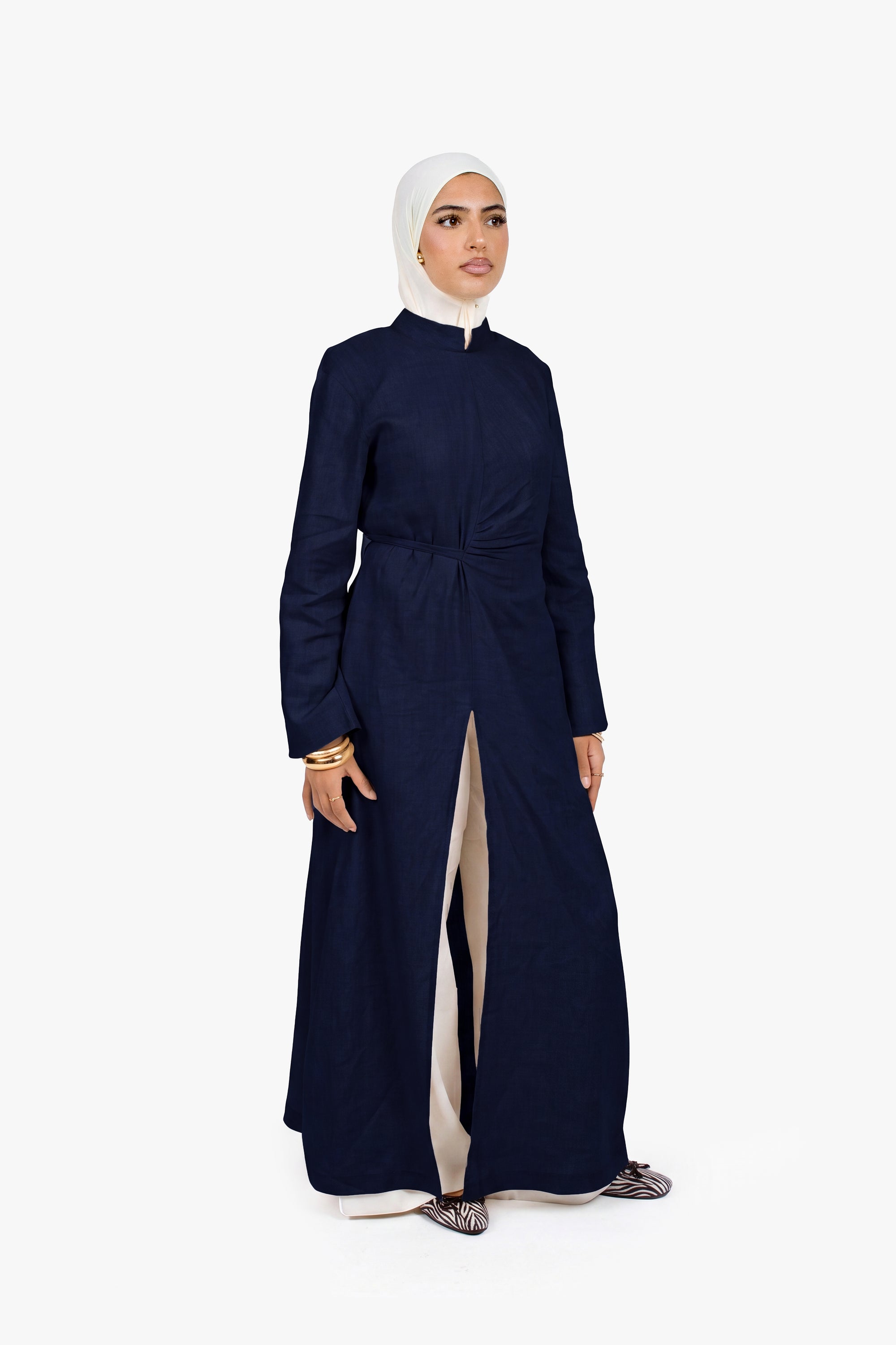 Navy Linen Cotton Ruched Slit Dress