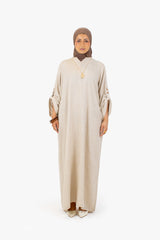 Stone Beige Linen Cotton Button Sleeve Abaya