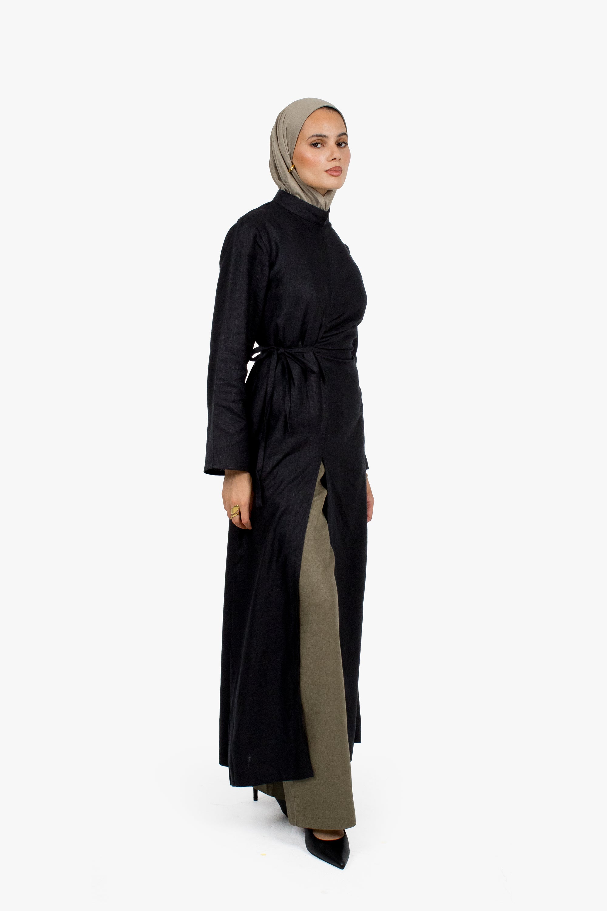 Black Linen Cotton Ruched Slit Dress