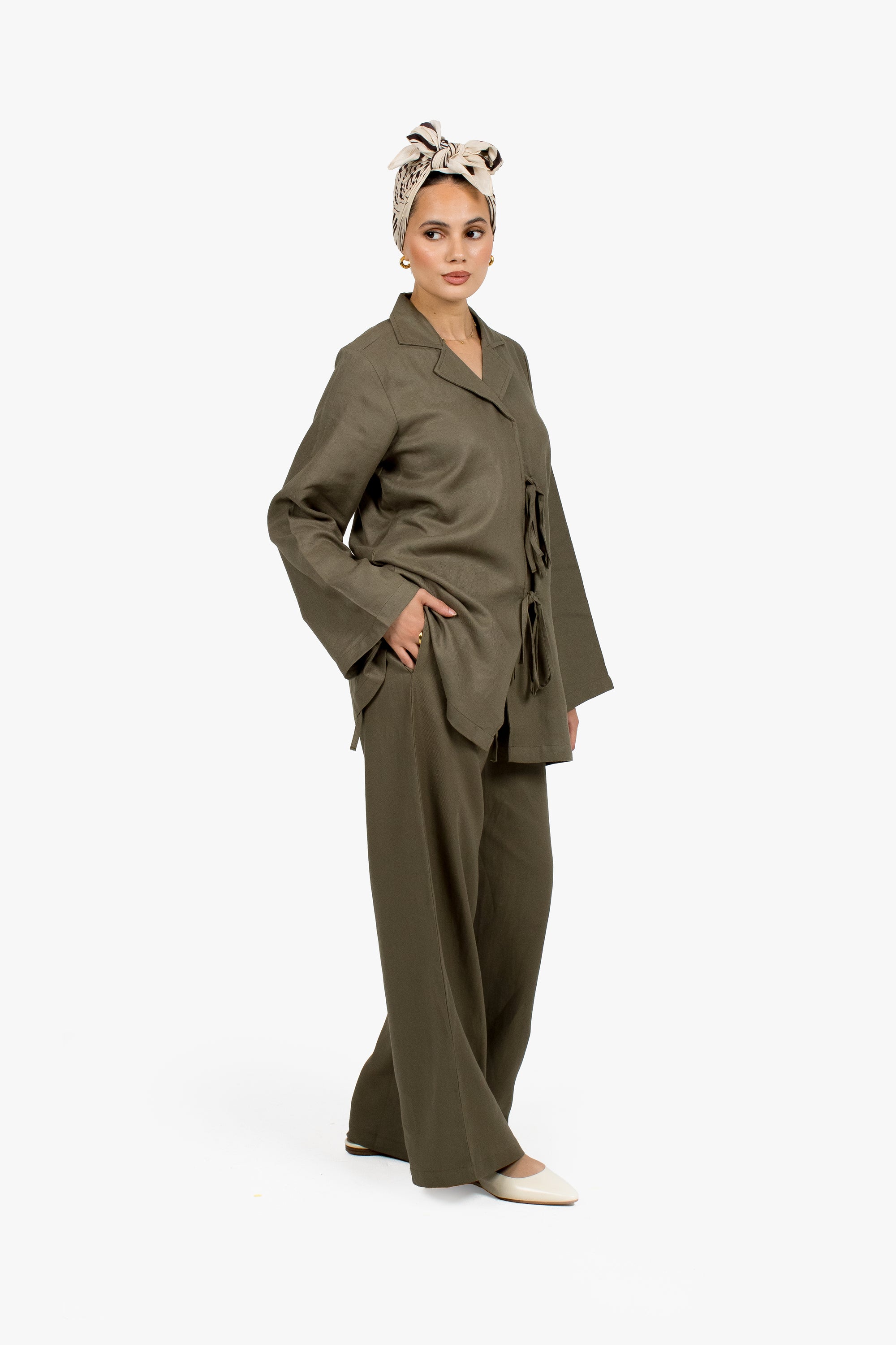Olive Linen Cotton Notch Collar Top