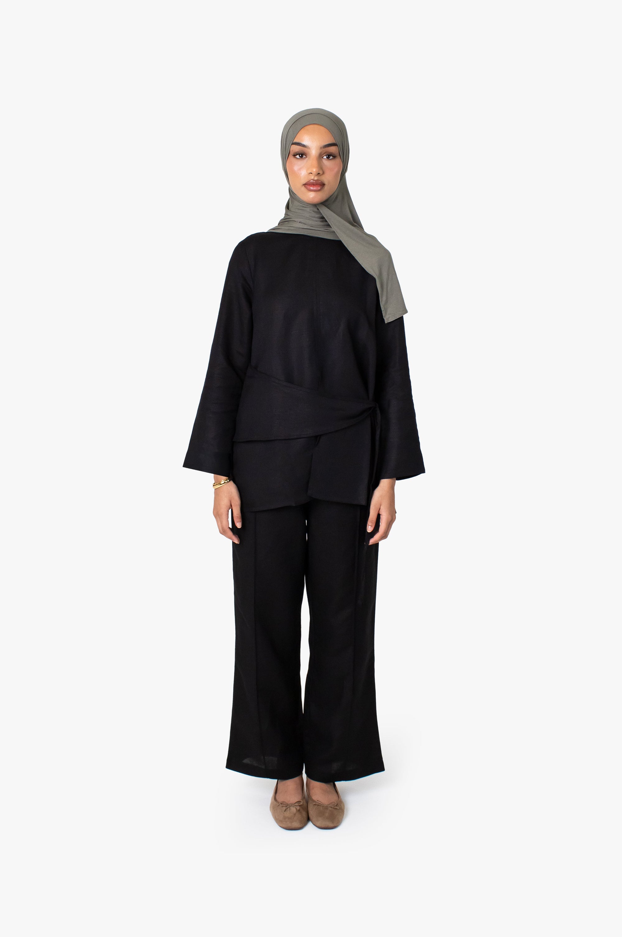 Black Linen Cotton Wrap Top