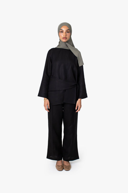 Black Linen Cotton Straight Leg Trousers