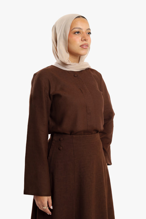 Mocha Brown Linen Cotton Covered Button Skirt