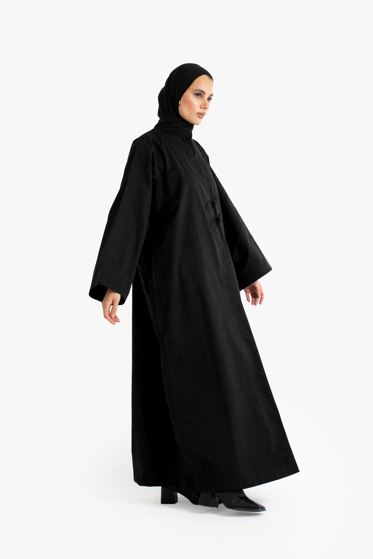 Black Cotton Frog Button Open Abaya