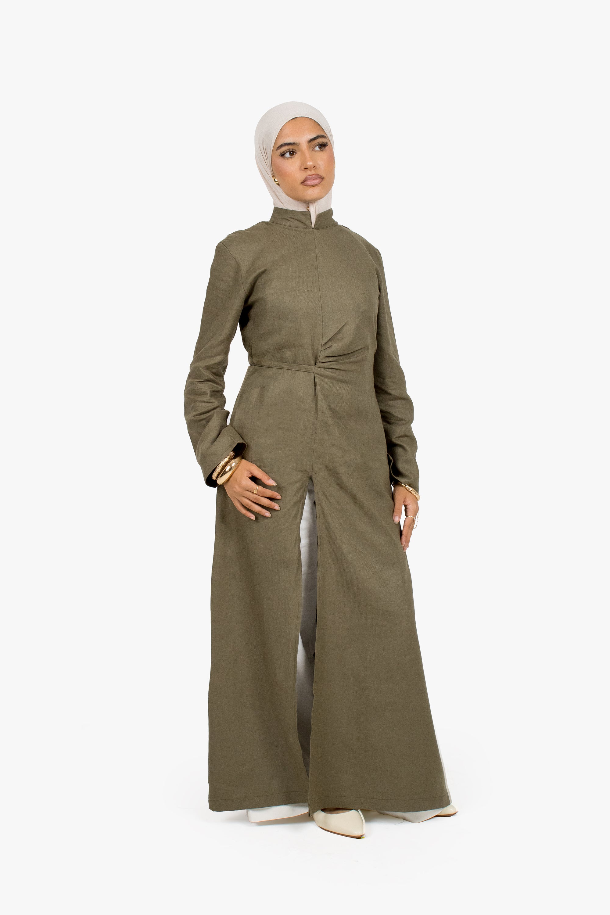 Olive Linen Cotton Ruched Slit Dress
