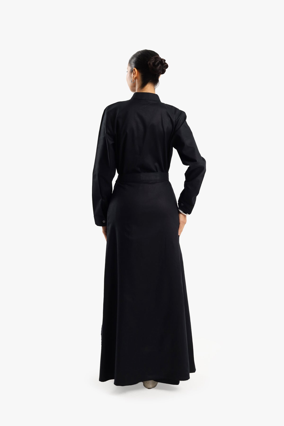 Black Linen Cotton Mandarin Two-Piece Dress