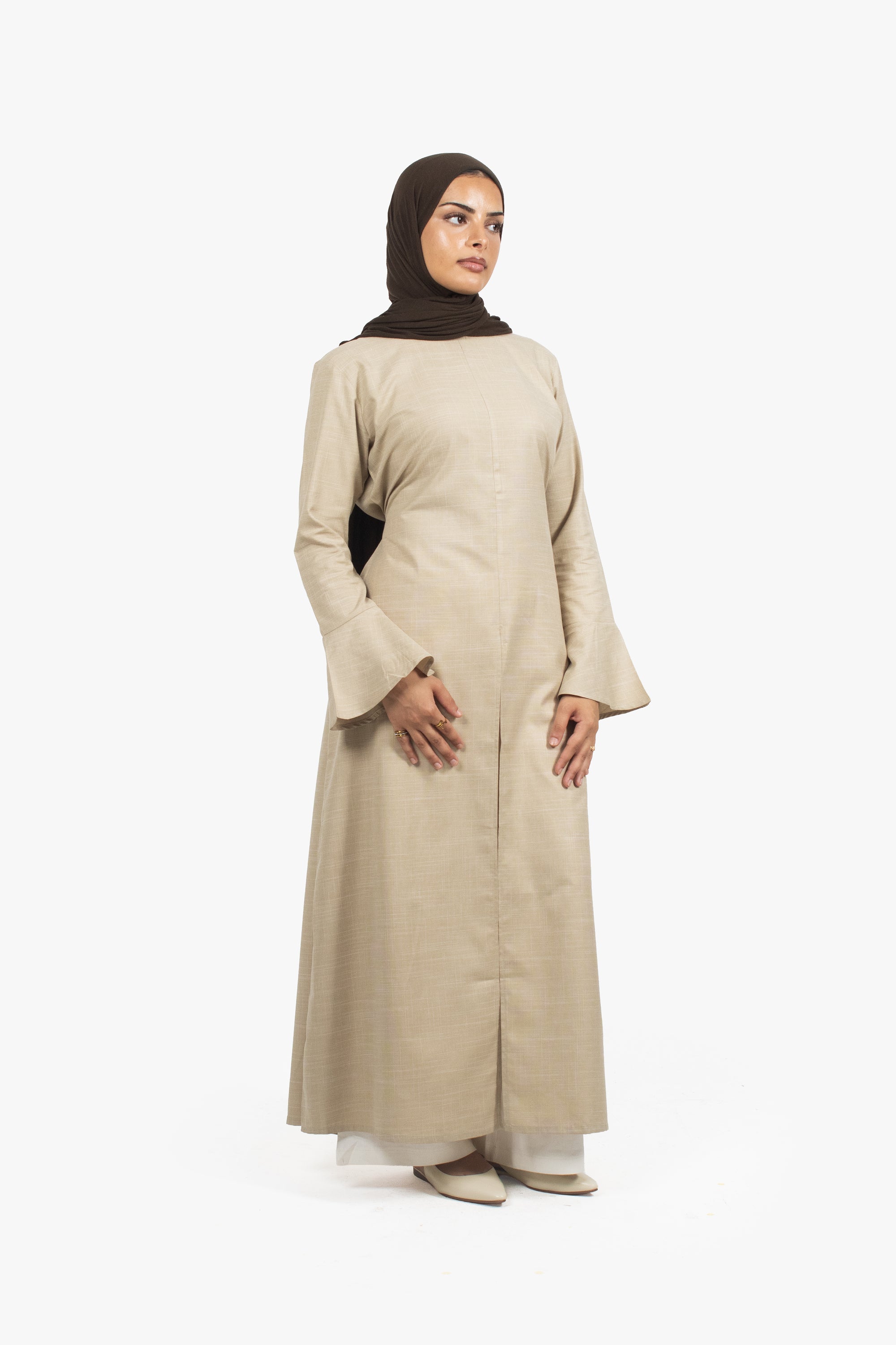 Beige Cotton Blend Front Slit Dress