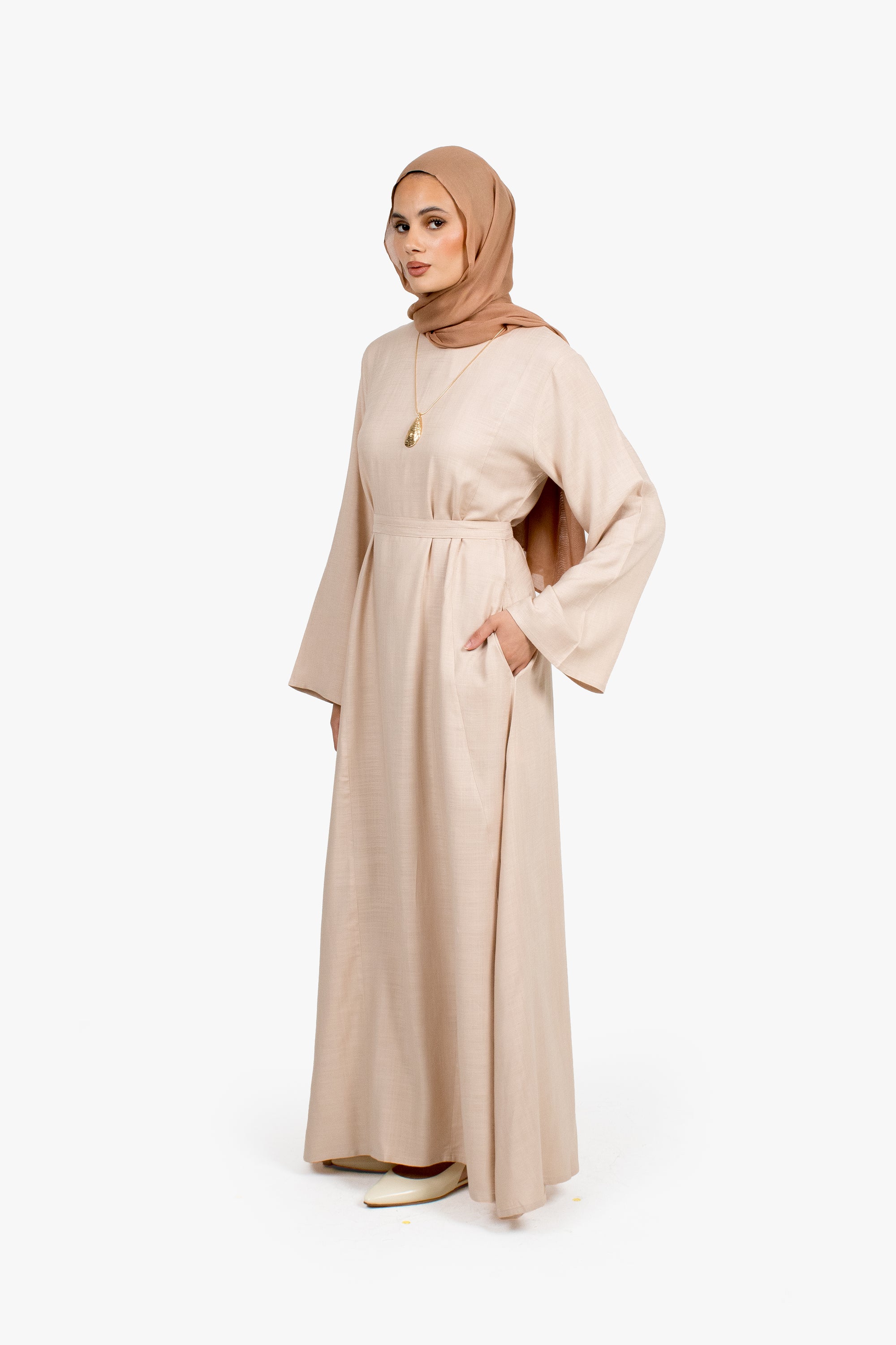 Beige Cotton Blend Pleated Tie Dress