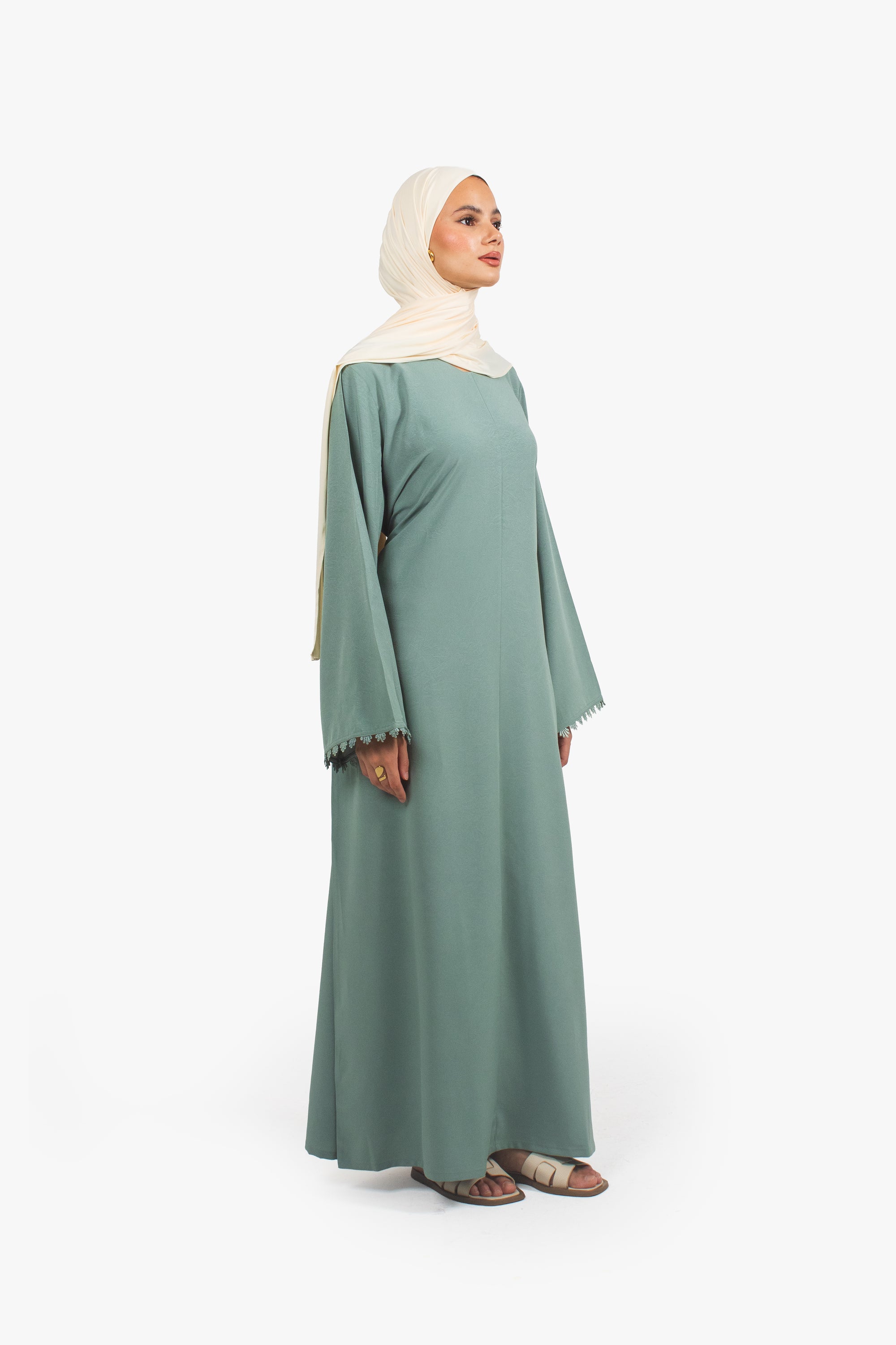 Sea Green Etched Crepe Lace Abaya