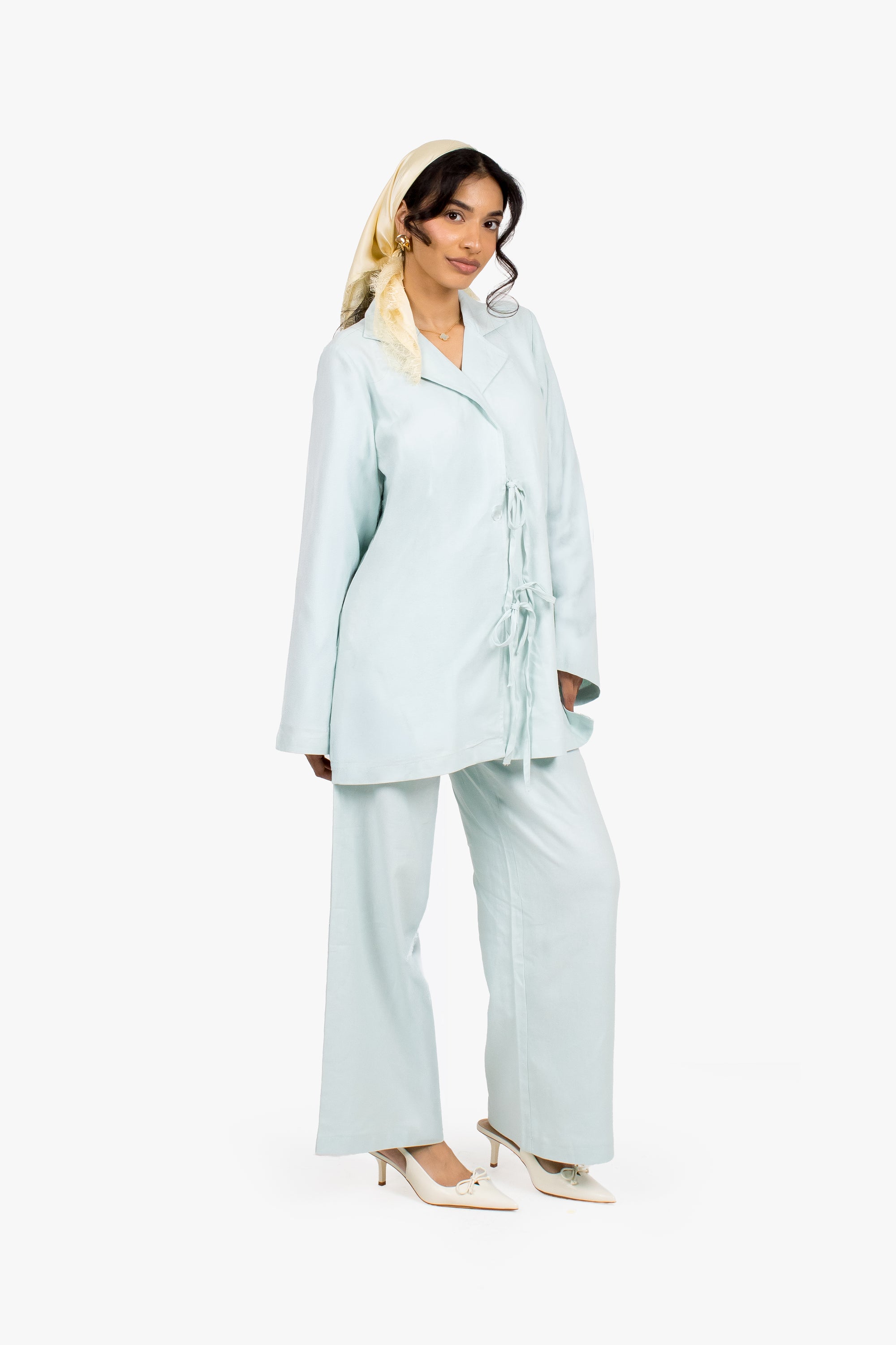 Baby Blue Linen Cotton Notch Collar Top