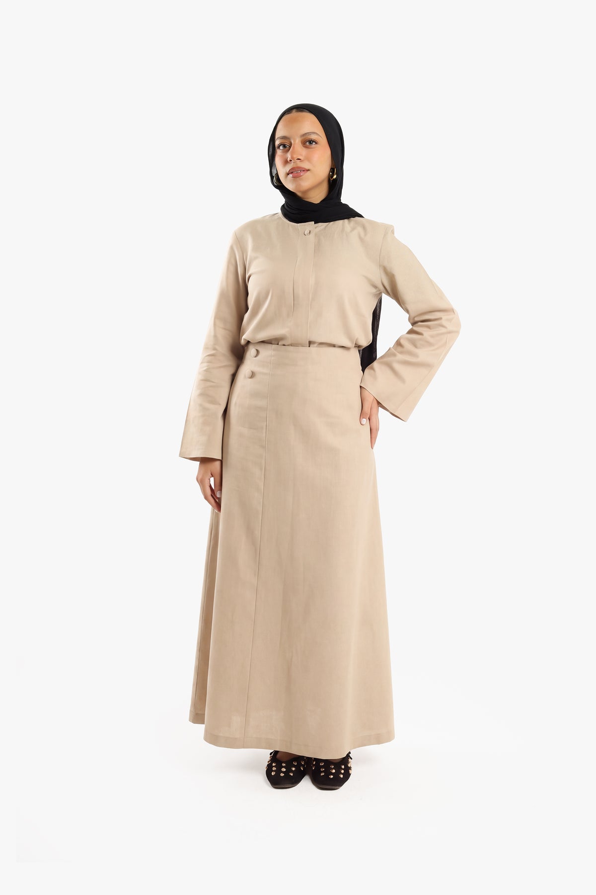 Latte Beige Linen Cotton Covered Button Skirt