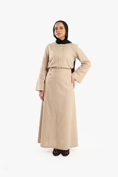 Latte Beige Linen Cotton Covered Button Skirt