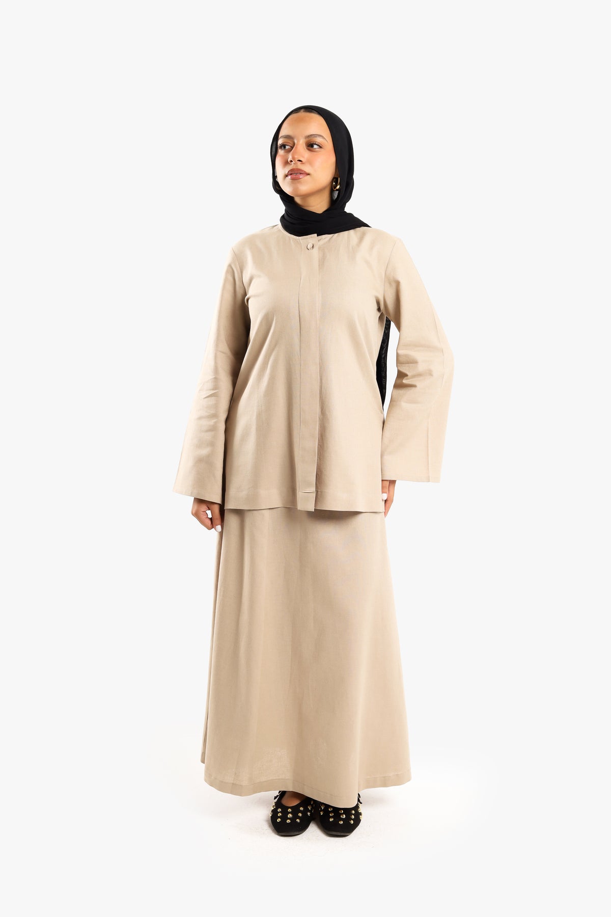 Latte Beige Linen Cotton Covered Button Top