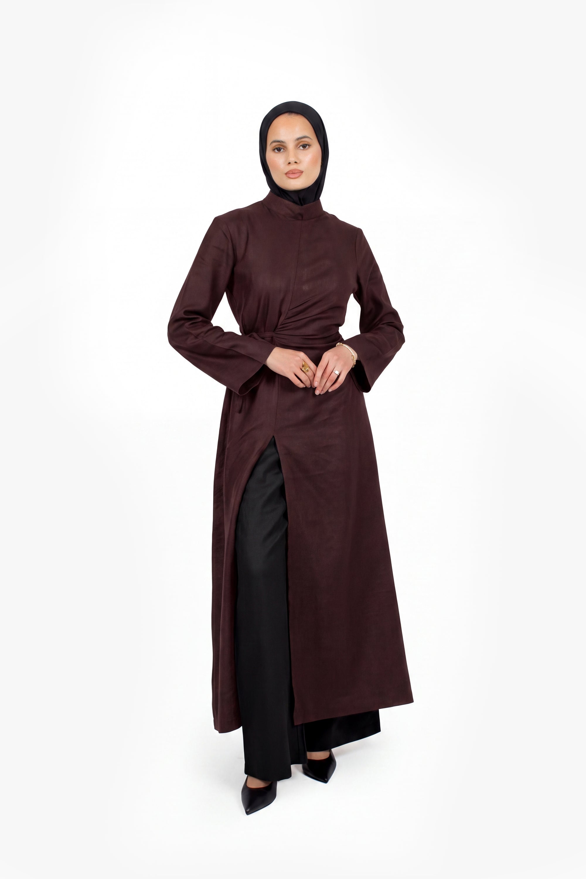 Chocolate Linen Cotton Ruched Slit Dress