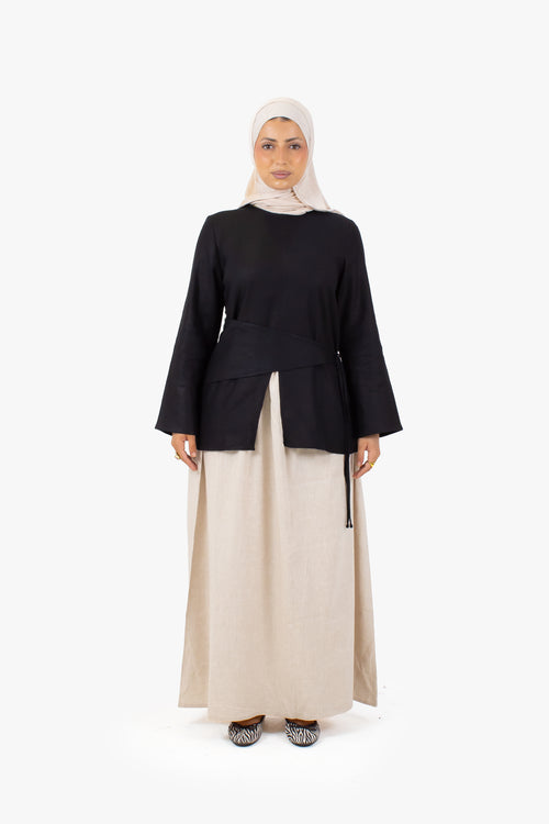 Black Linen Cotton Wrap Top