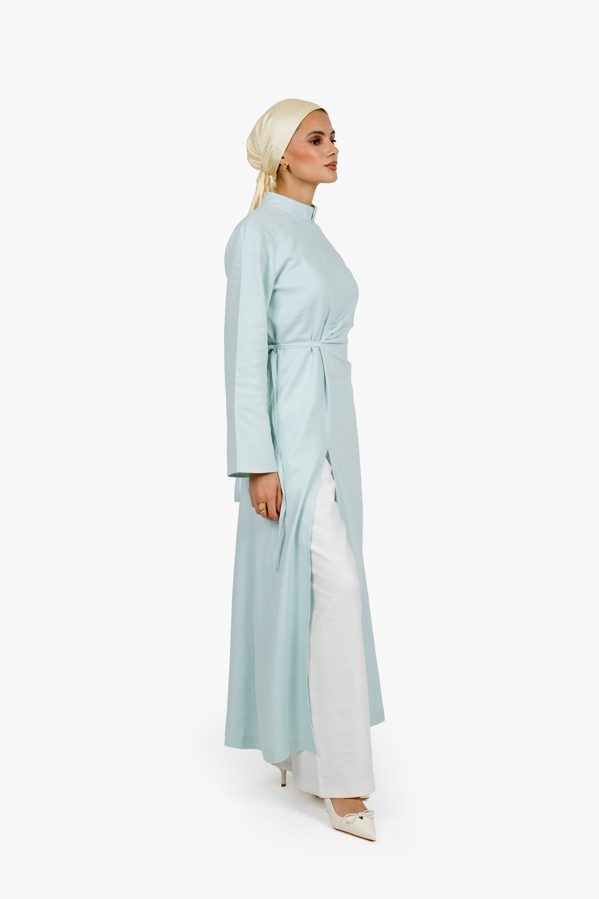 Baby Blue Linen Cotton Ruched Slit Dress