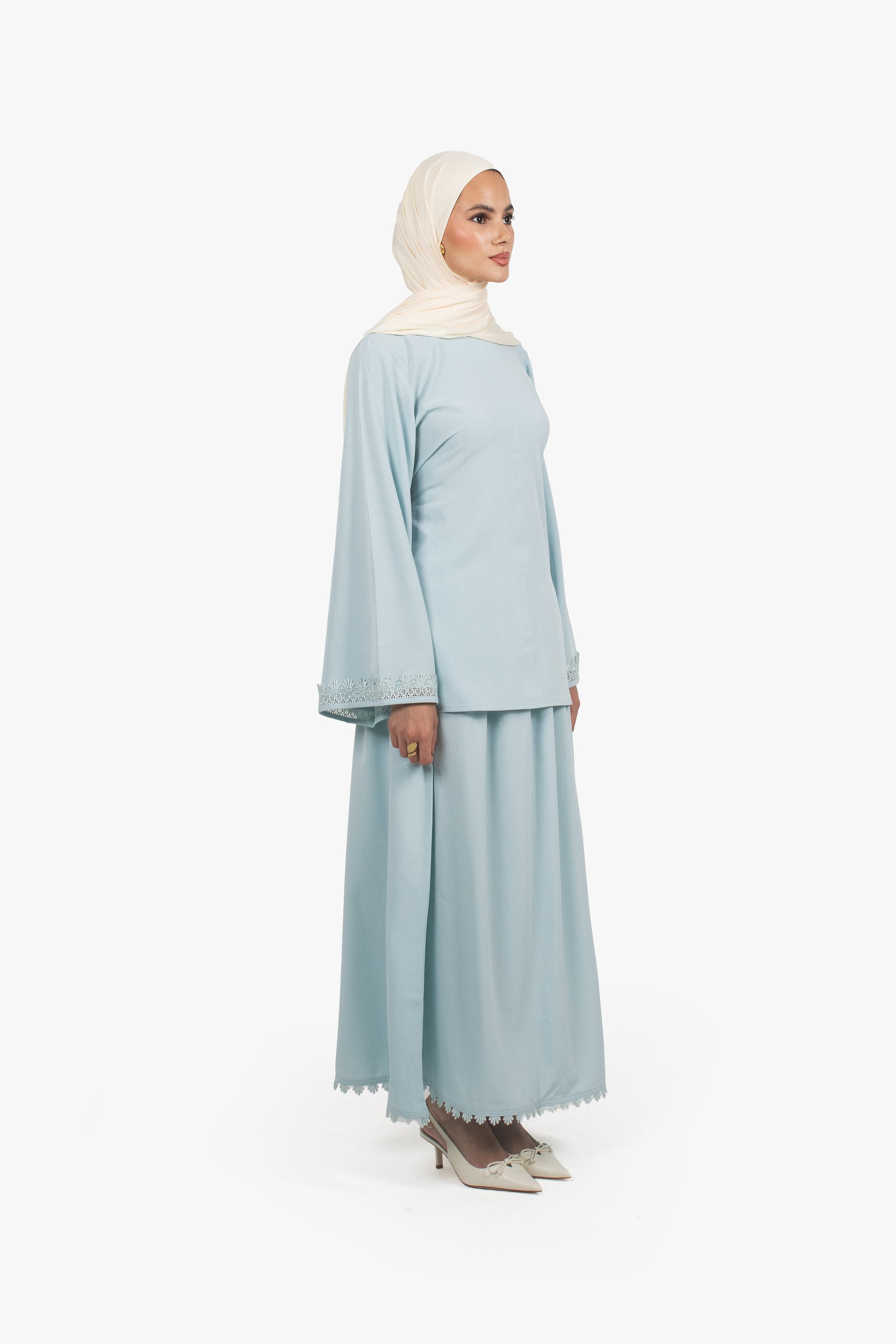 Mist Blue Etched Crepe Lace Top