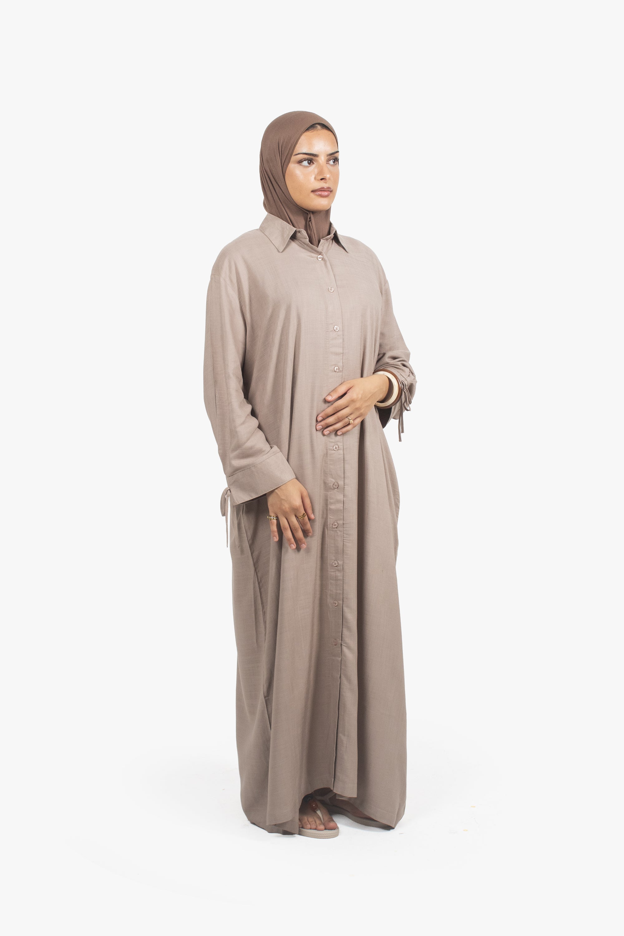 Ivory Brown Cotton Blend Shirt Abaya