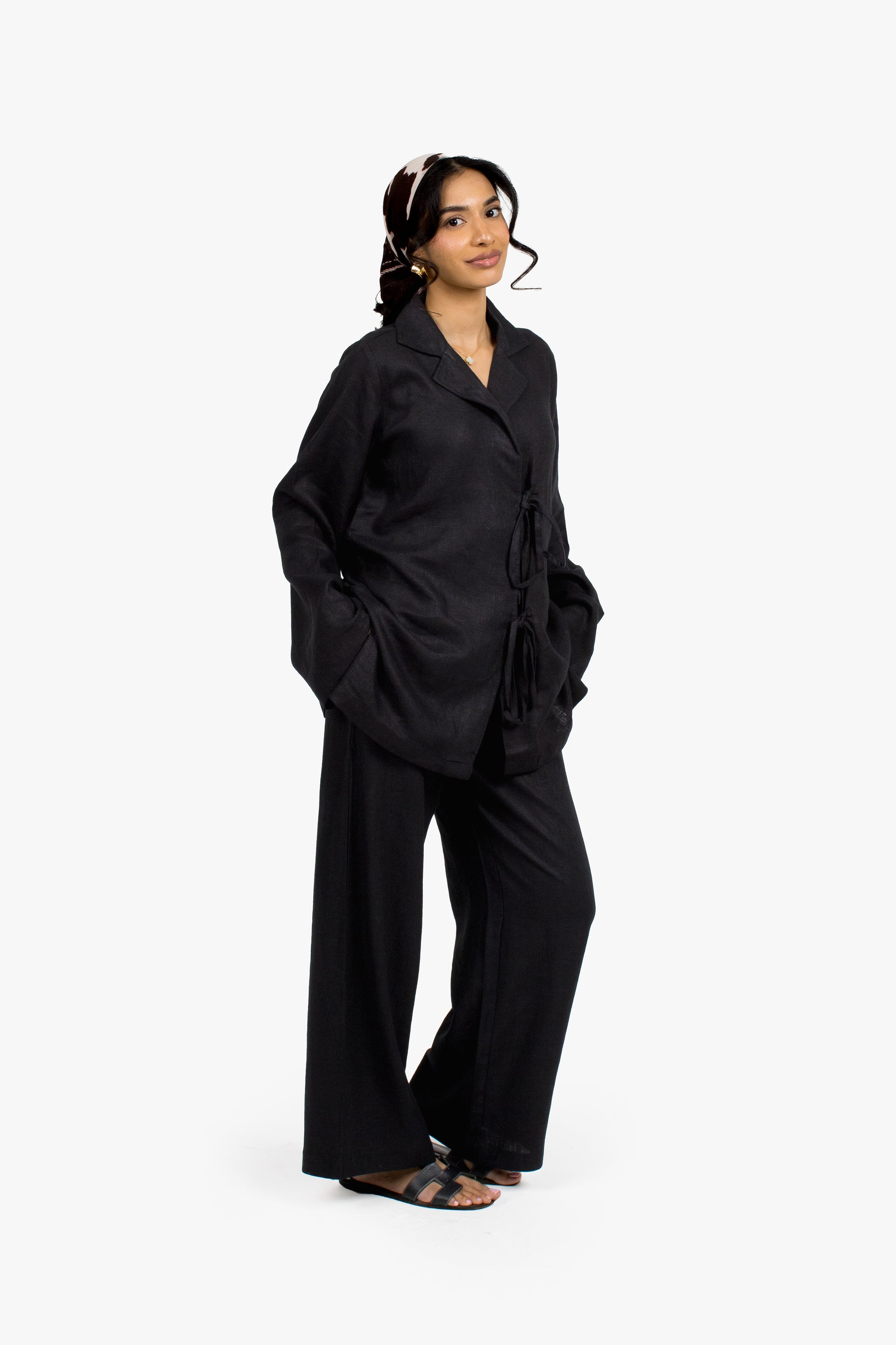 Black Linen Cotton Notch Collar Top