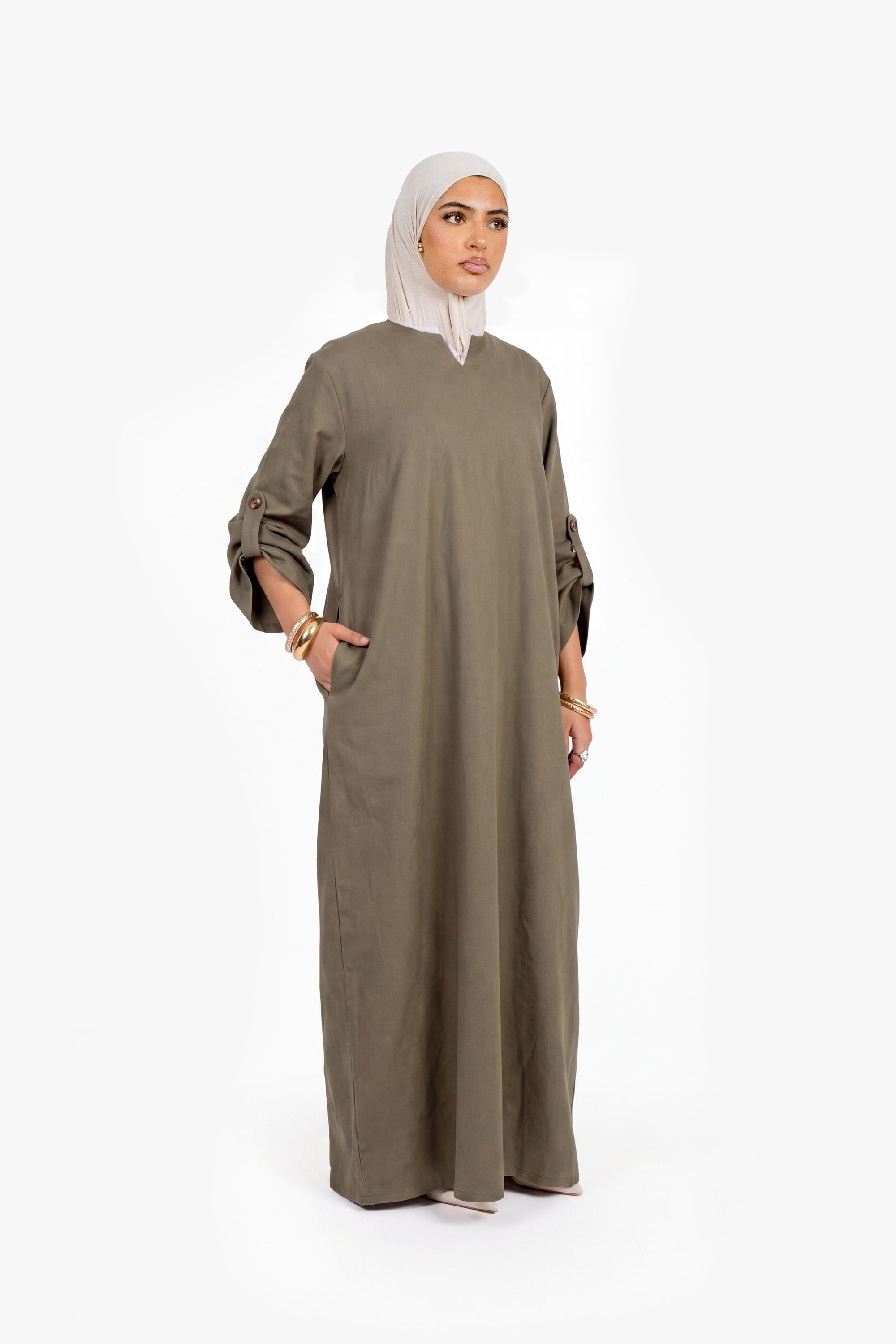 Olive Linen Cotton Button Sleeve Abaya