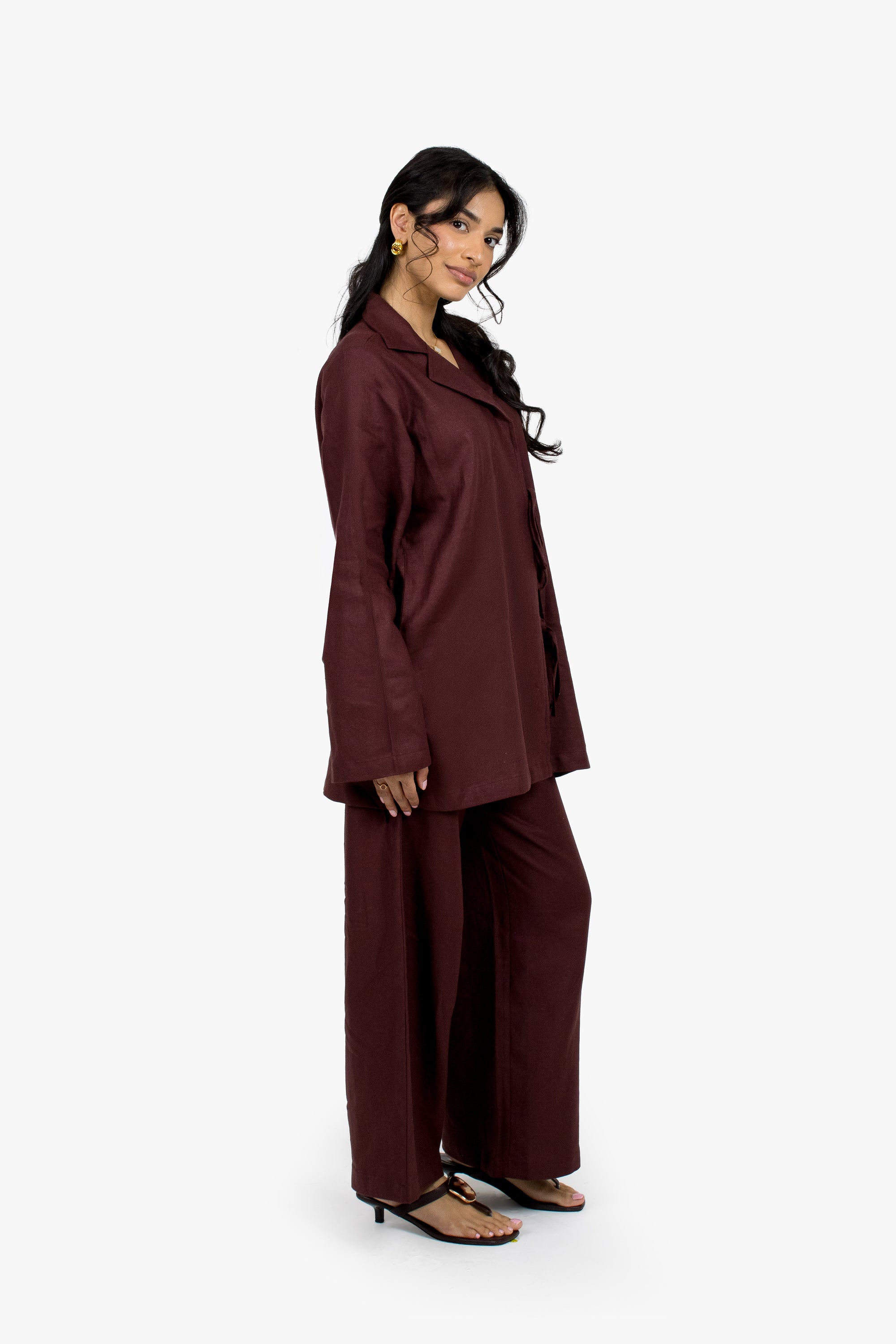 Chocolate Linen Cotton Notch Collar Top