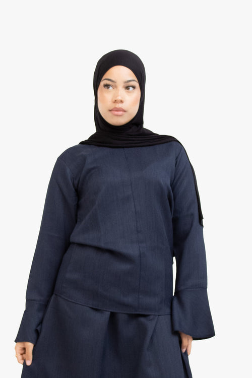 Navy Textured Tulip Sleeve Top