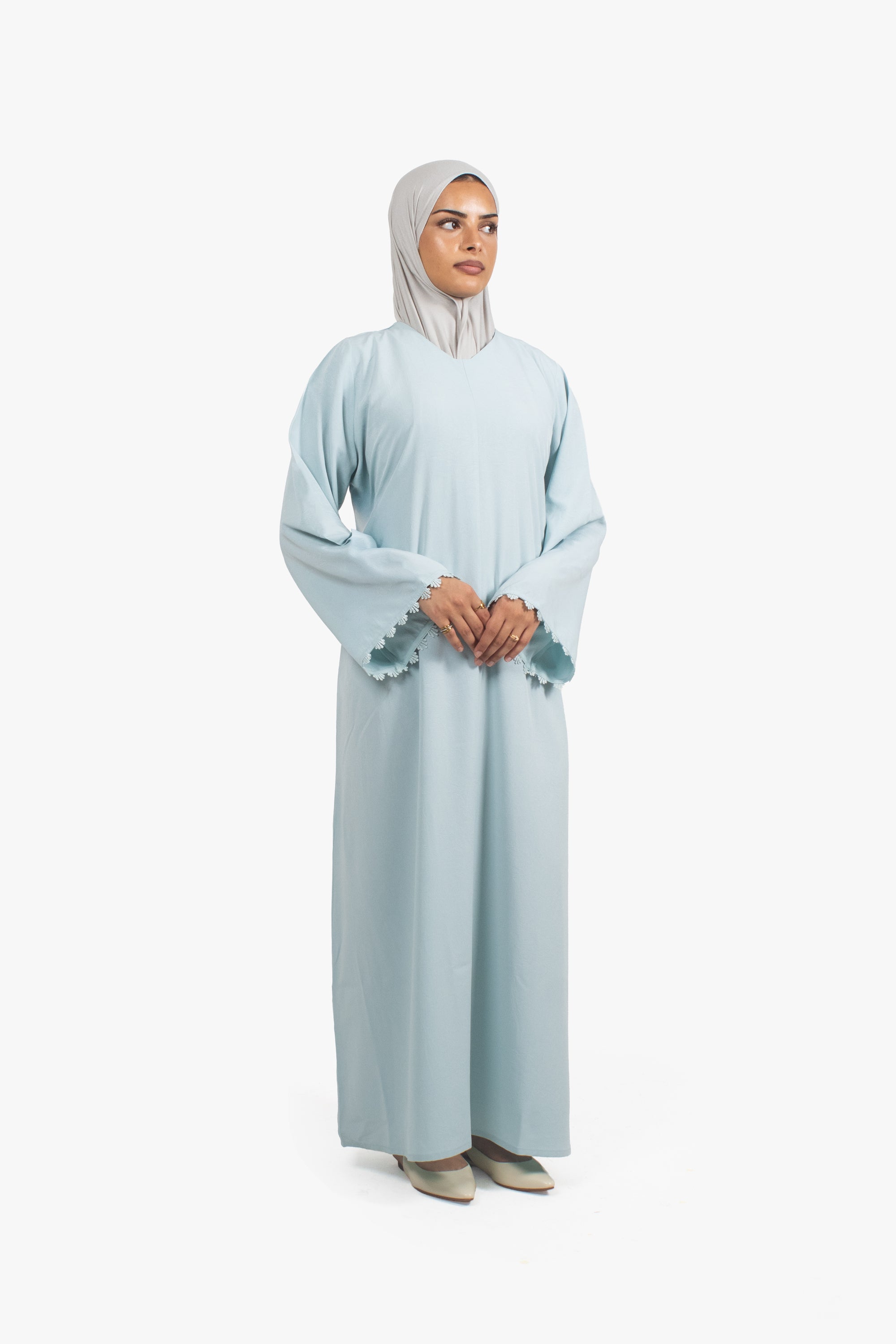 Mist Blue Etched Crepe Lace Abaya
