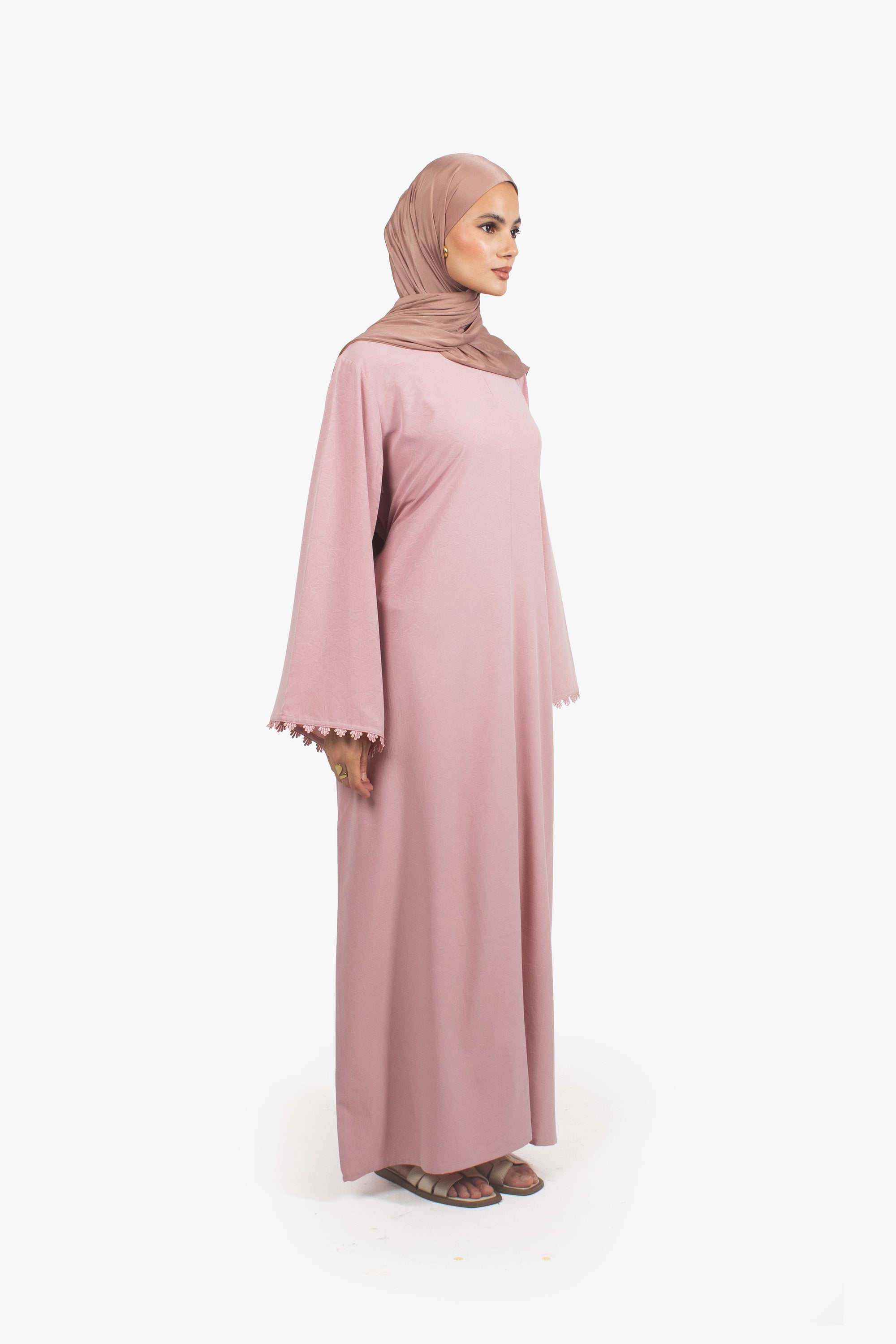 Rose Pink Etched Crepe Lace Abaya