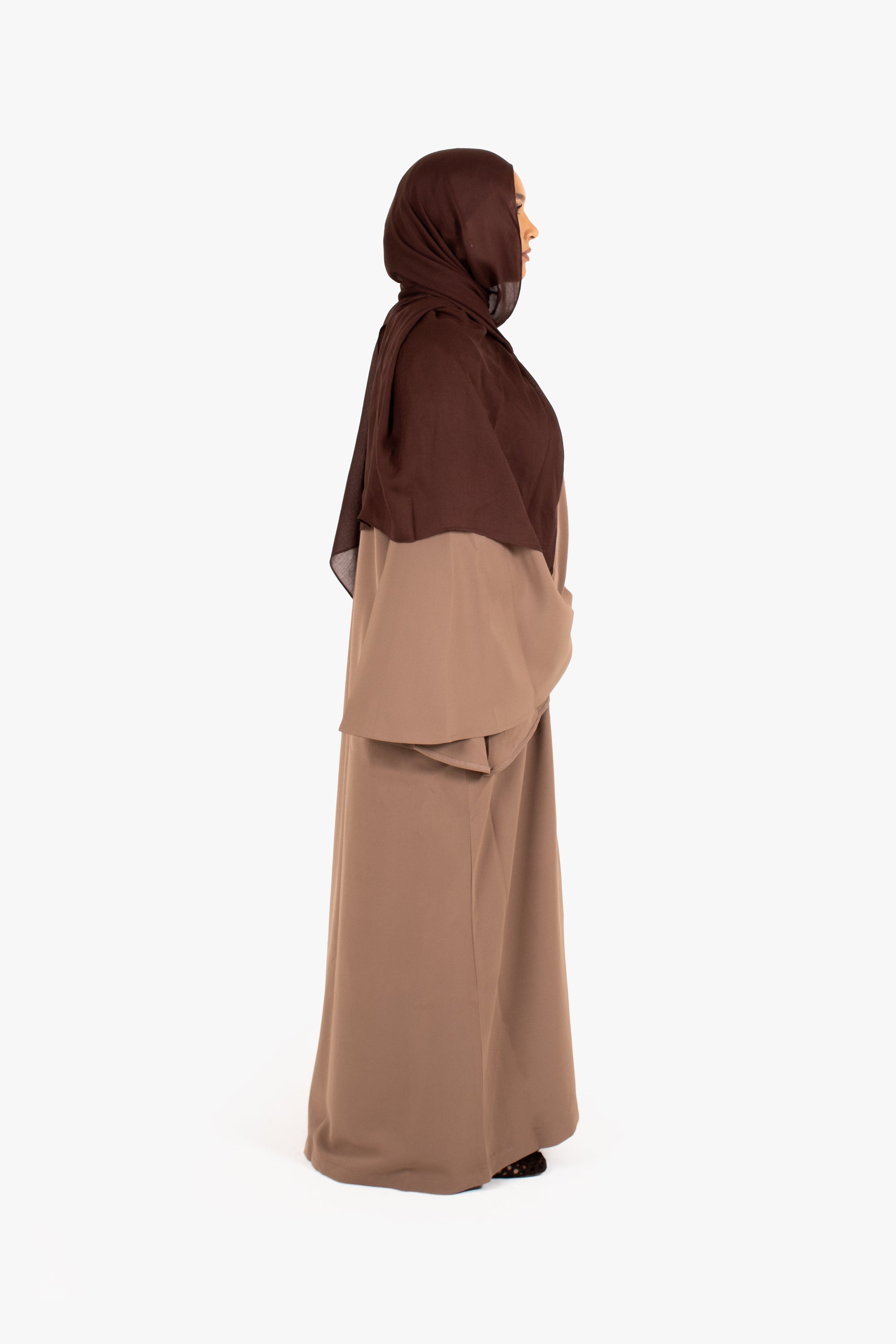 Beige Powder Touch Crepe Umbrella Sleeve Abaya
