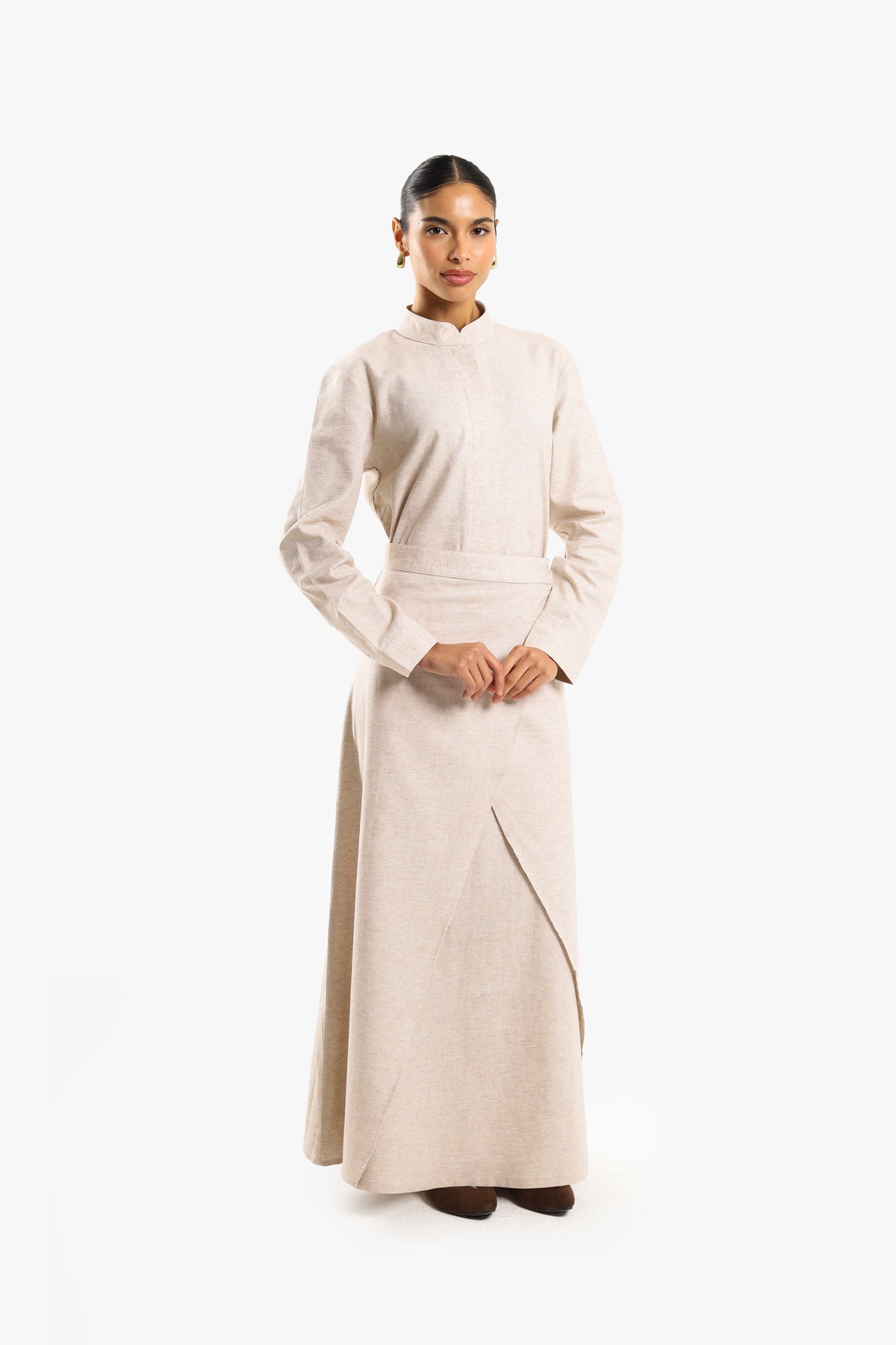 Stone Beige Linen Cotton Mandarin Two-Piece Dress