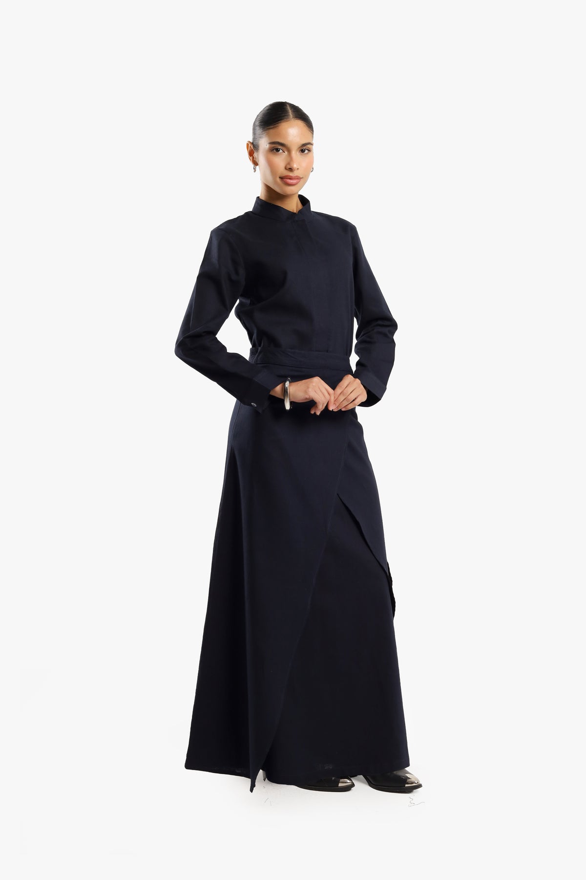 Navy Linen Cotton Mandarin Two-Piece Dress