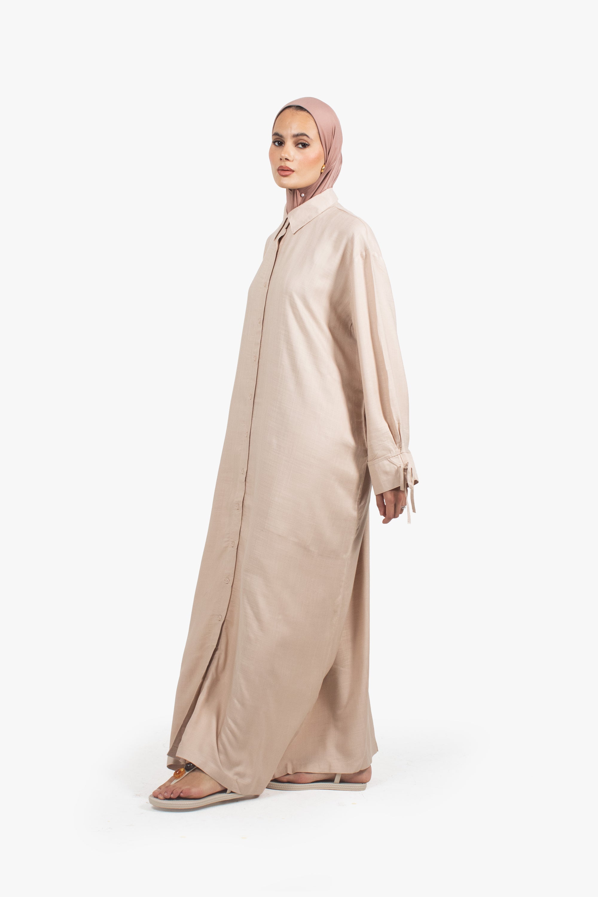 Beige Cotton Blend Shirt Abaya