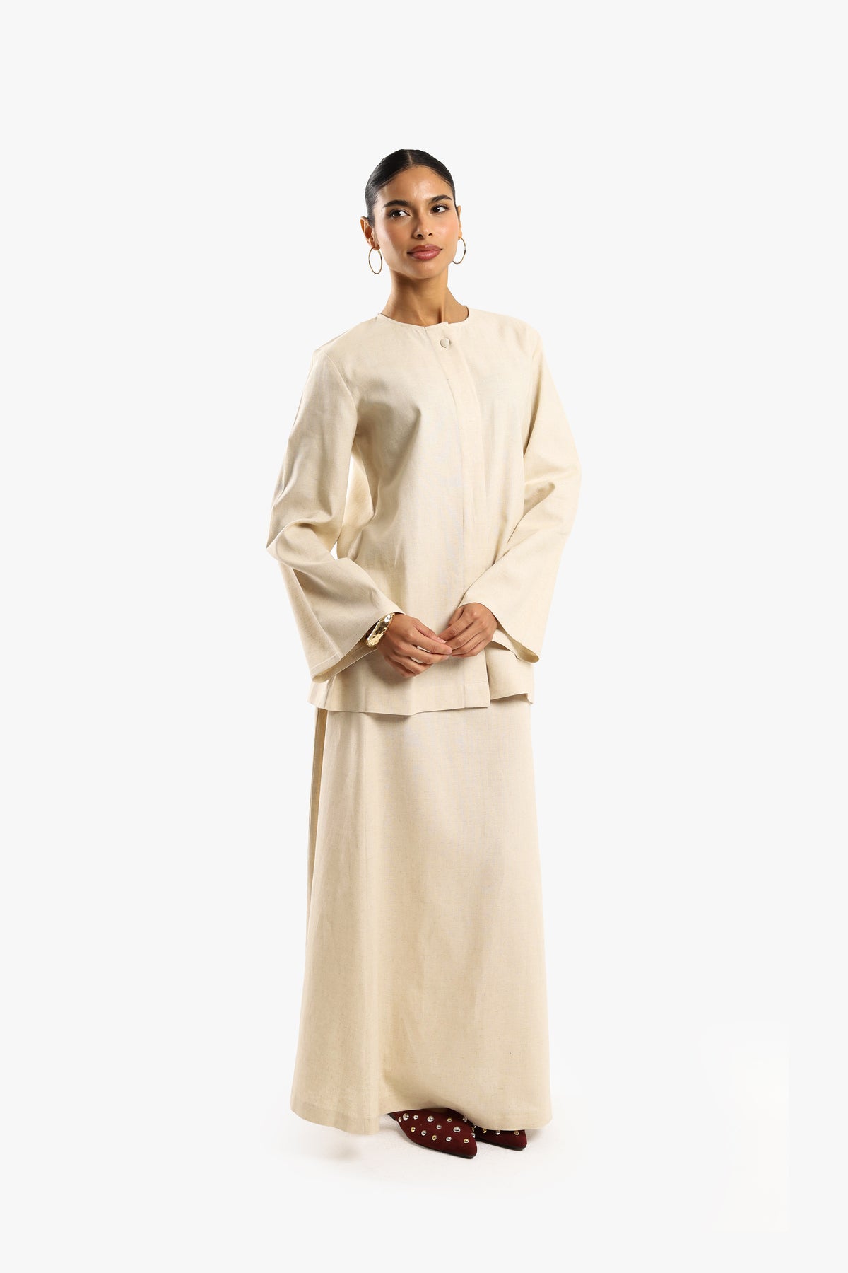 Cream White Linen Cotton Covered Button Top