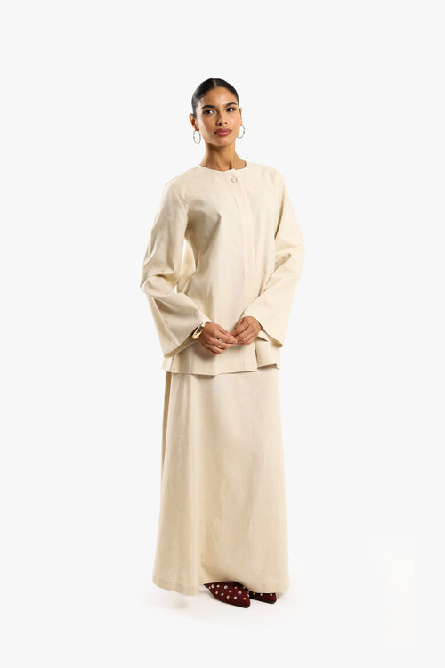 Cream White Linen Cotton Covered Button Top