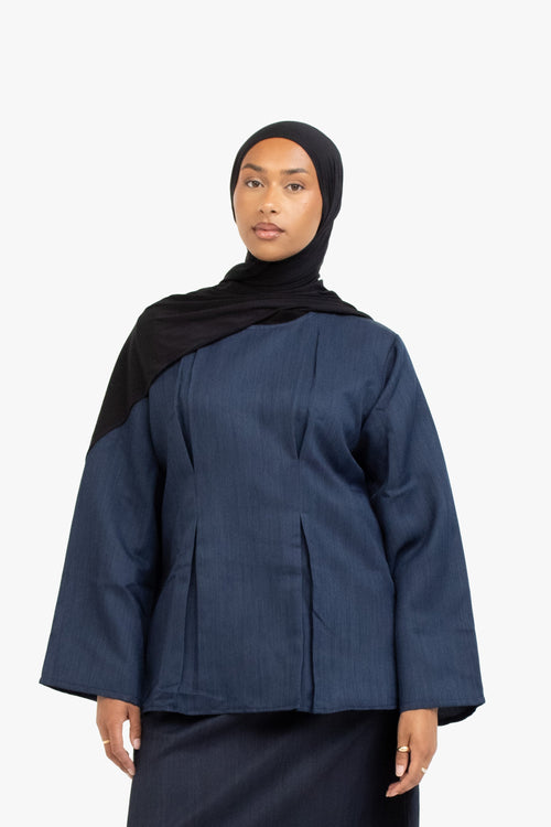 Navy Textured Double Pleat Top