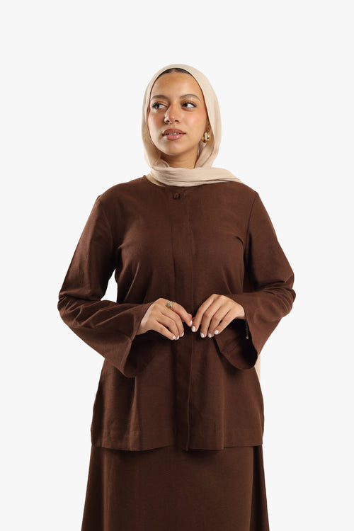 Mocha Brown Linen Cotton Covered Button Top