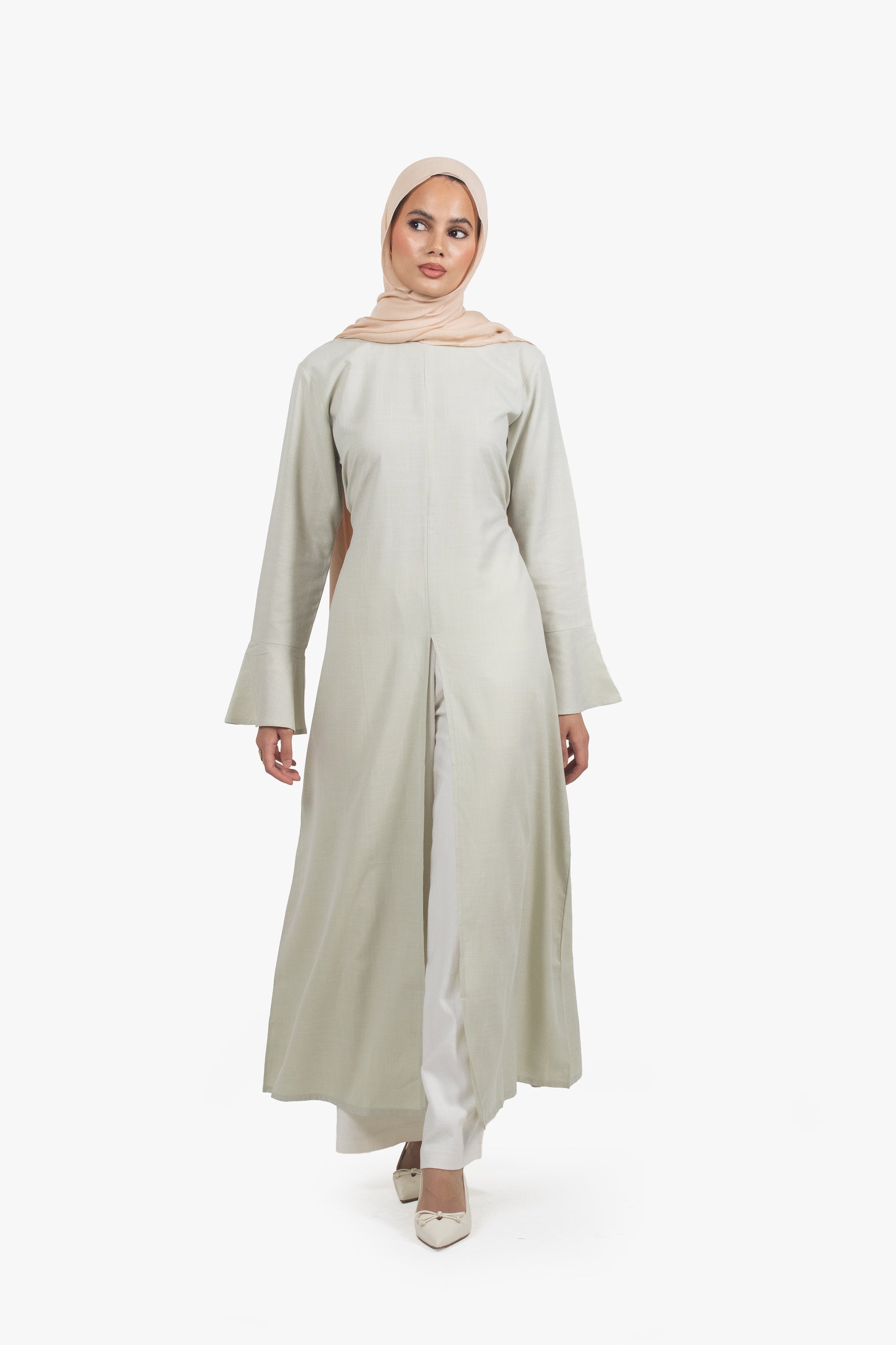 Sage Green Cotton Blend Front Slit Dress