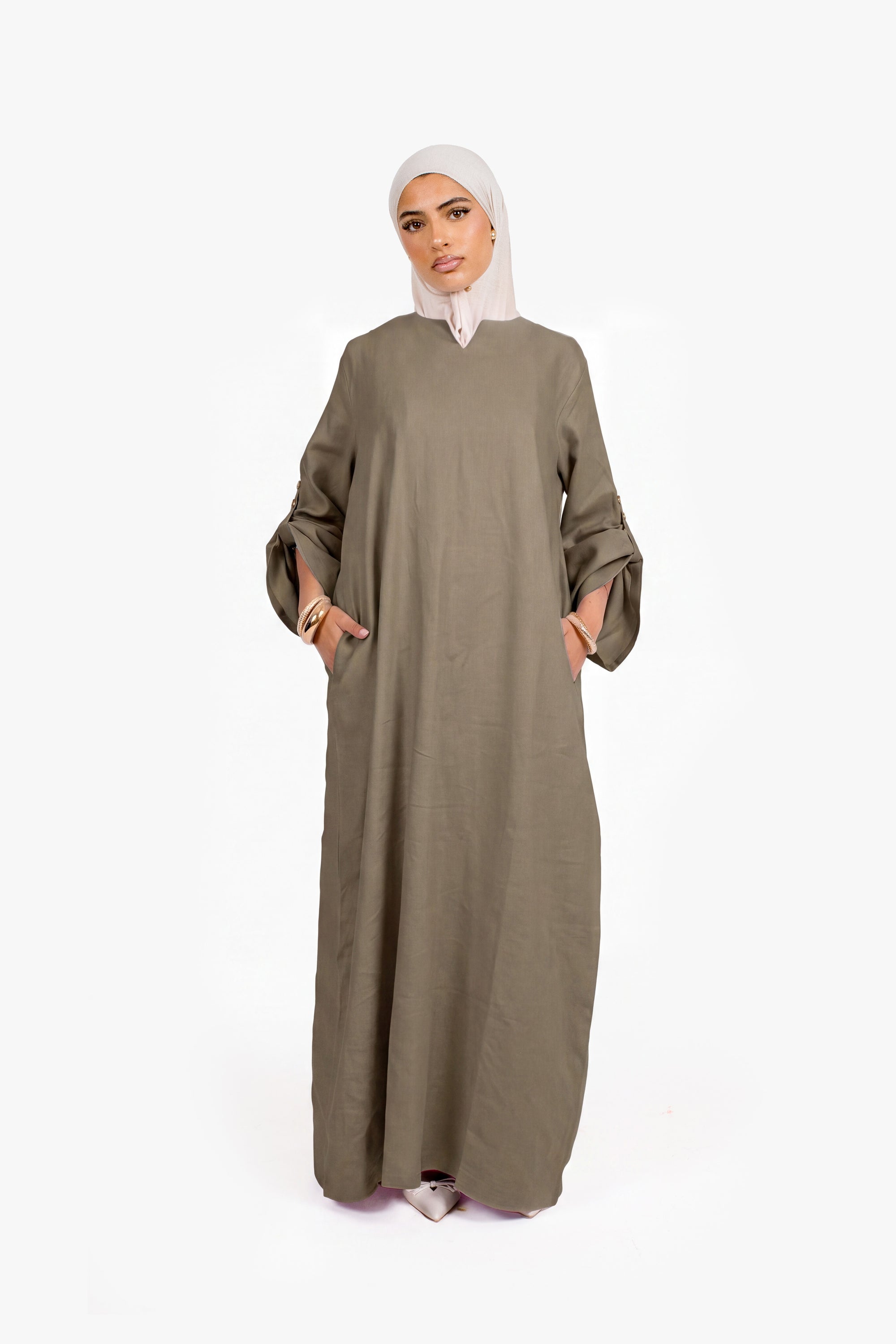 Olive Linen Cotton Button Sleeve Abaya